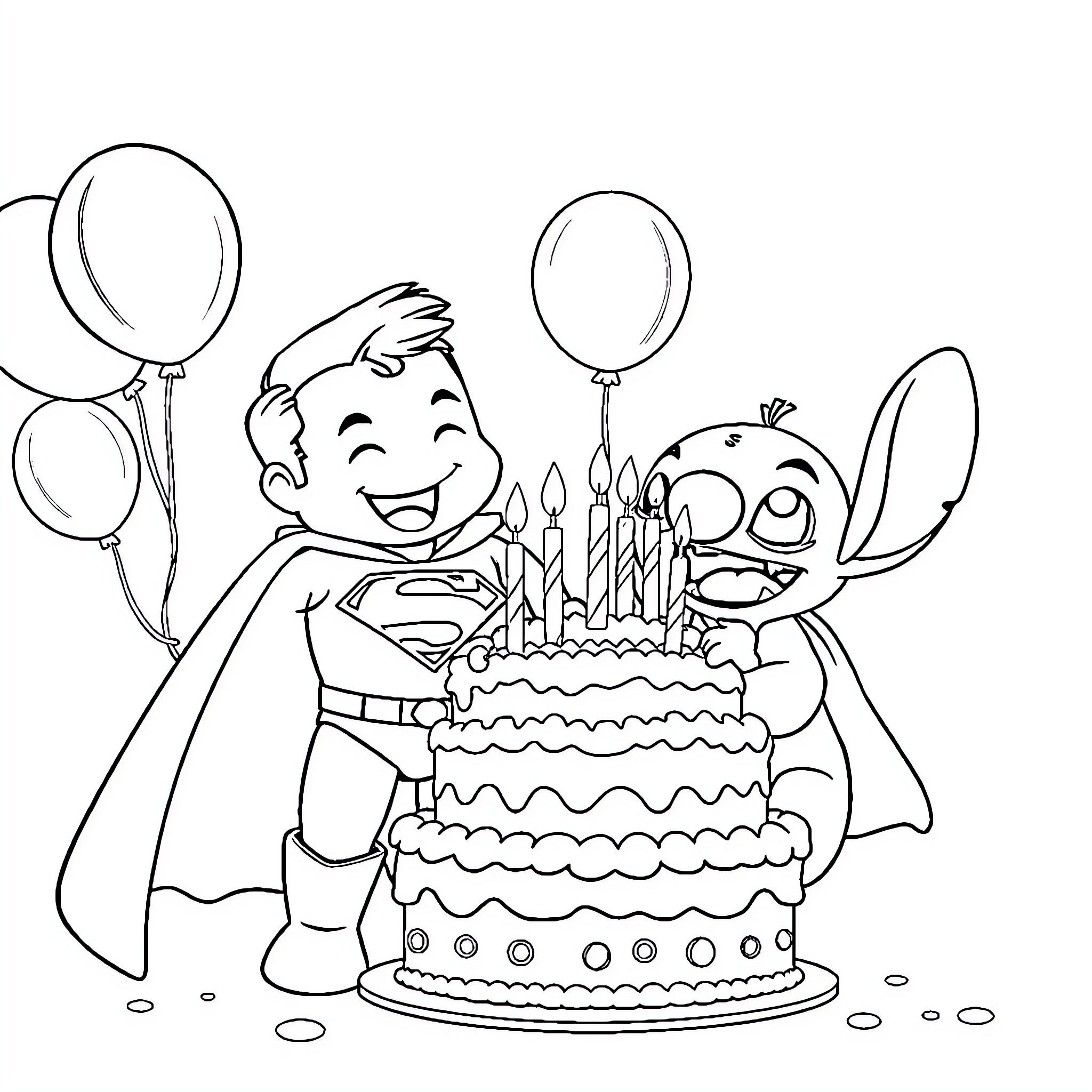 Superman celebrates birthday with cake and balloons Coloring Page (free black-and-white line drawing printable PDF for all, from beginners to advanced learners, including children, teens, adults, and seniors)
