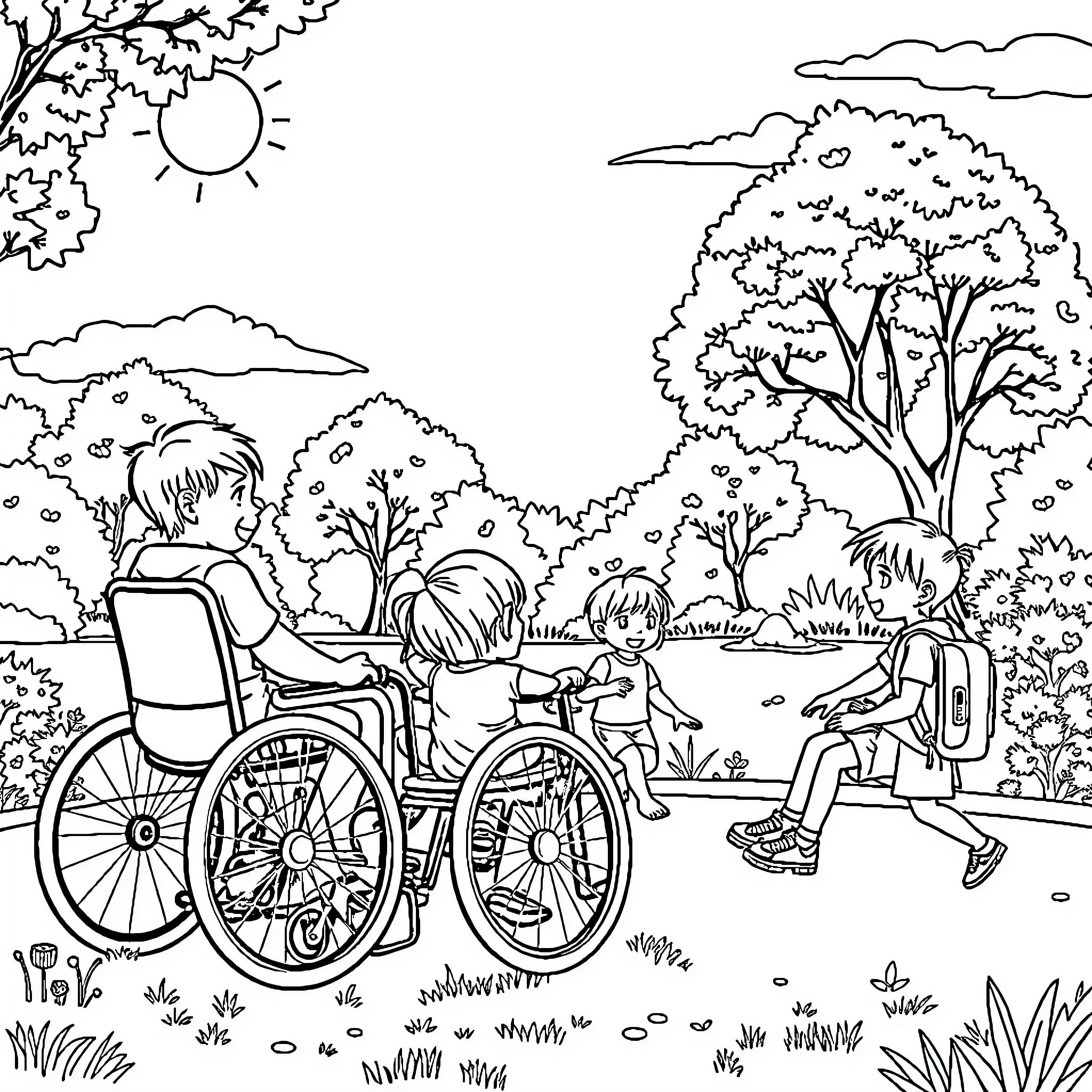 Children playing and exploring outdoors Coloring Page (free black-and-white line drawing printable PDF for all, from beginners to advanced learners, including children, teens, adults, and seniors)