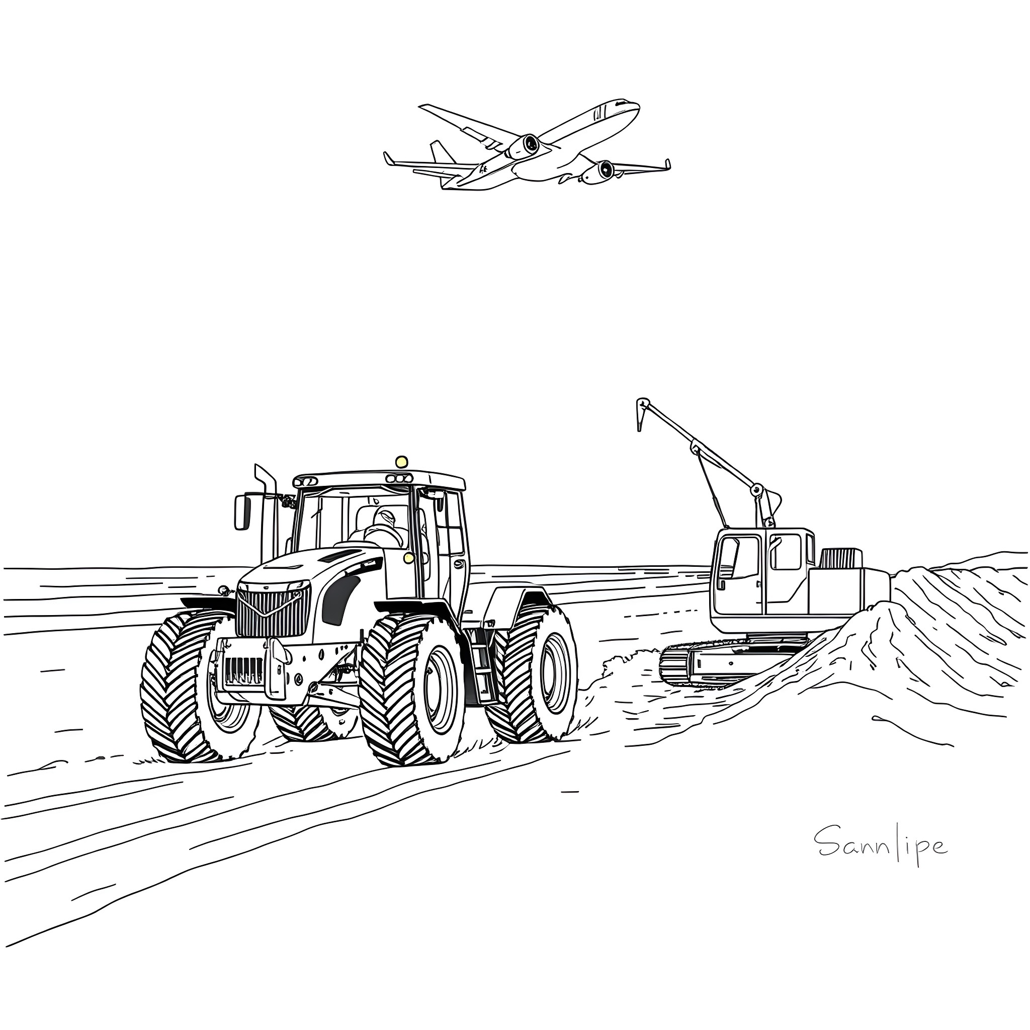 Tractor plowing field near airport runway Coloring Page (free black-and-white line drawing printable PDF for all, from beginners to advanced learners, including children, teens, adults, and seniors)