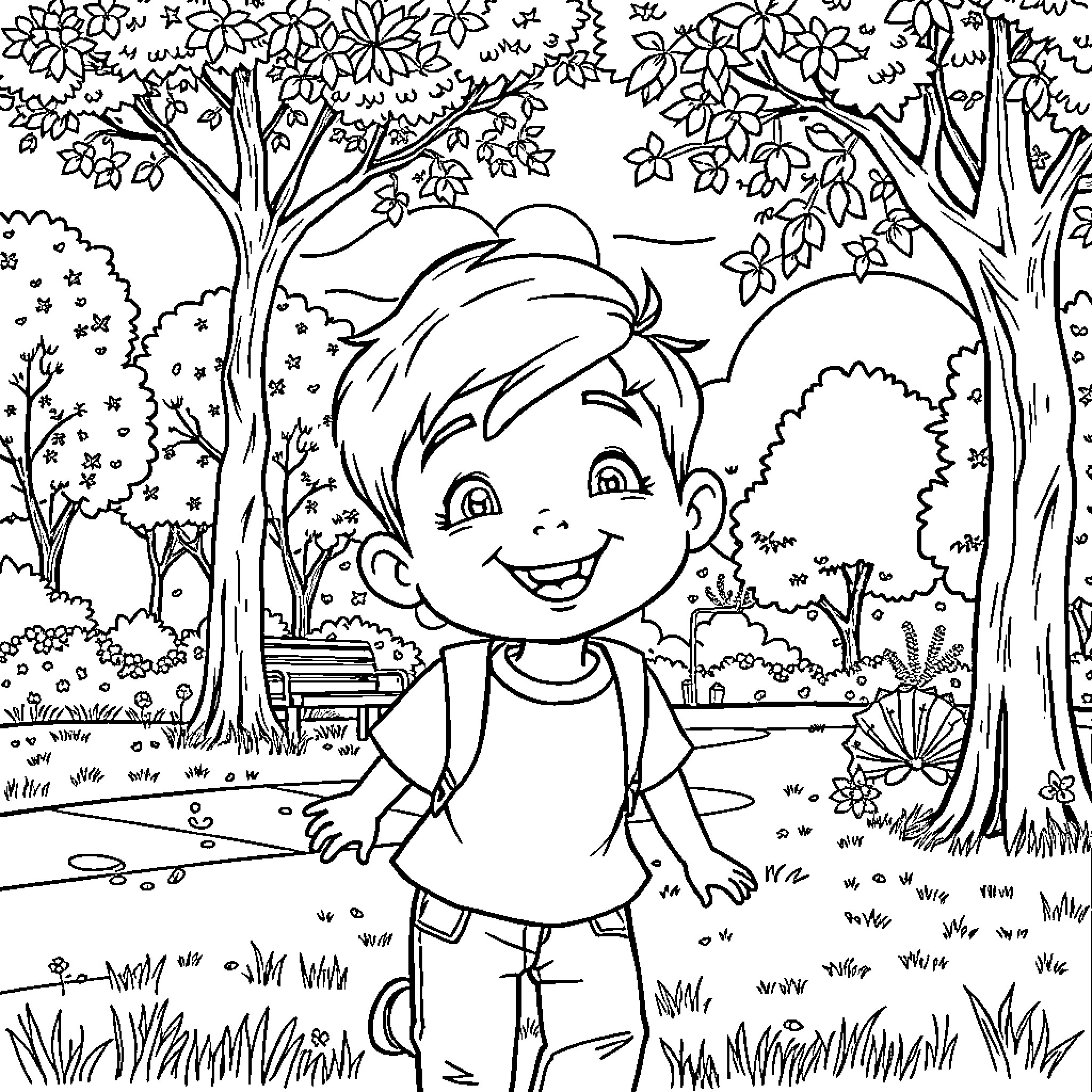 George happily exploring the vibrant nature Coloring Page (free black-and-white line drawing printable PDF for all, from beginners to advanced learners, including children, teens, adults, and seniors)