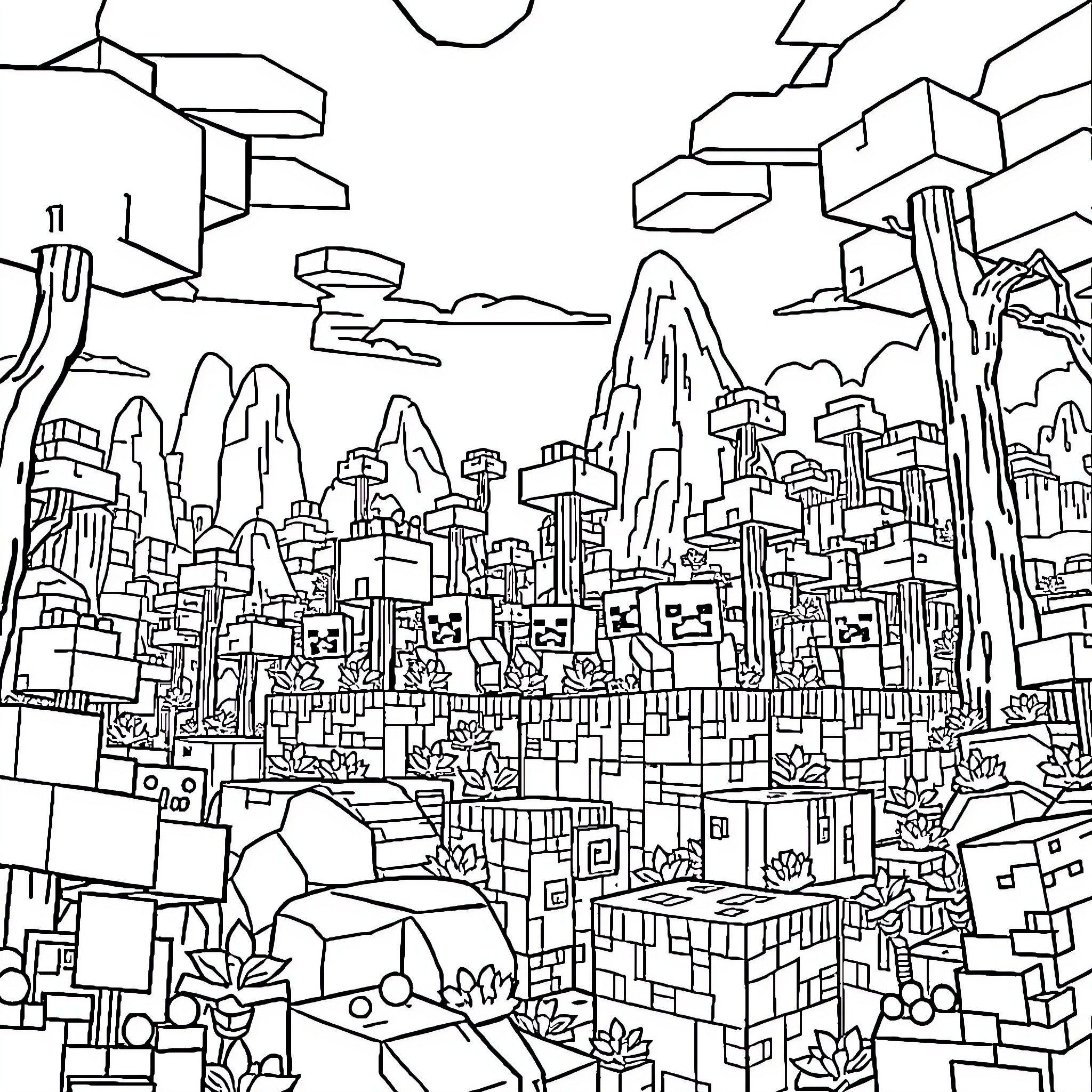 Creeper's Cubist City Landscape Coloring Page (free black-and-white line drawing printable PDF for all, from beginners to advanced learners, including children, teens, adults, and seniors)