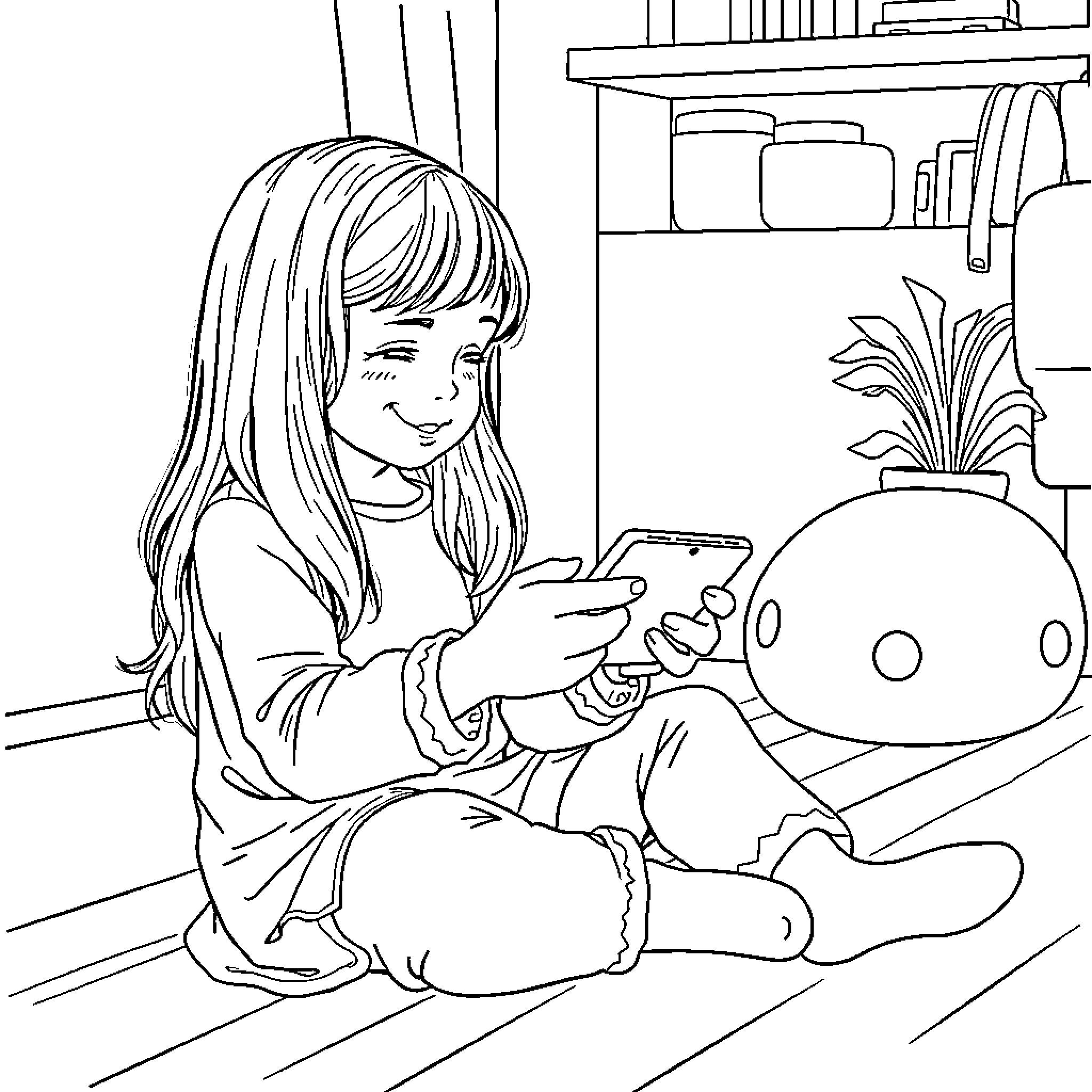 Girl Playing with Handheld Device in Room Coloring Page (free black-and-white line drawing printable PDF for all, from beginners to advanced learners, including children, teens, adults, and seniors)