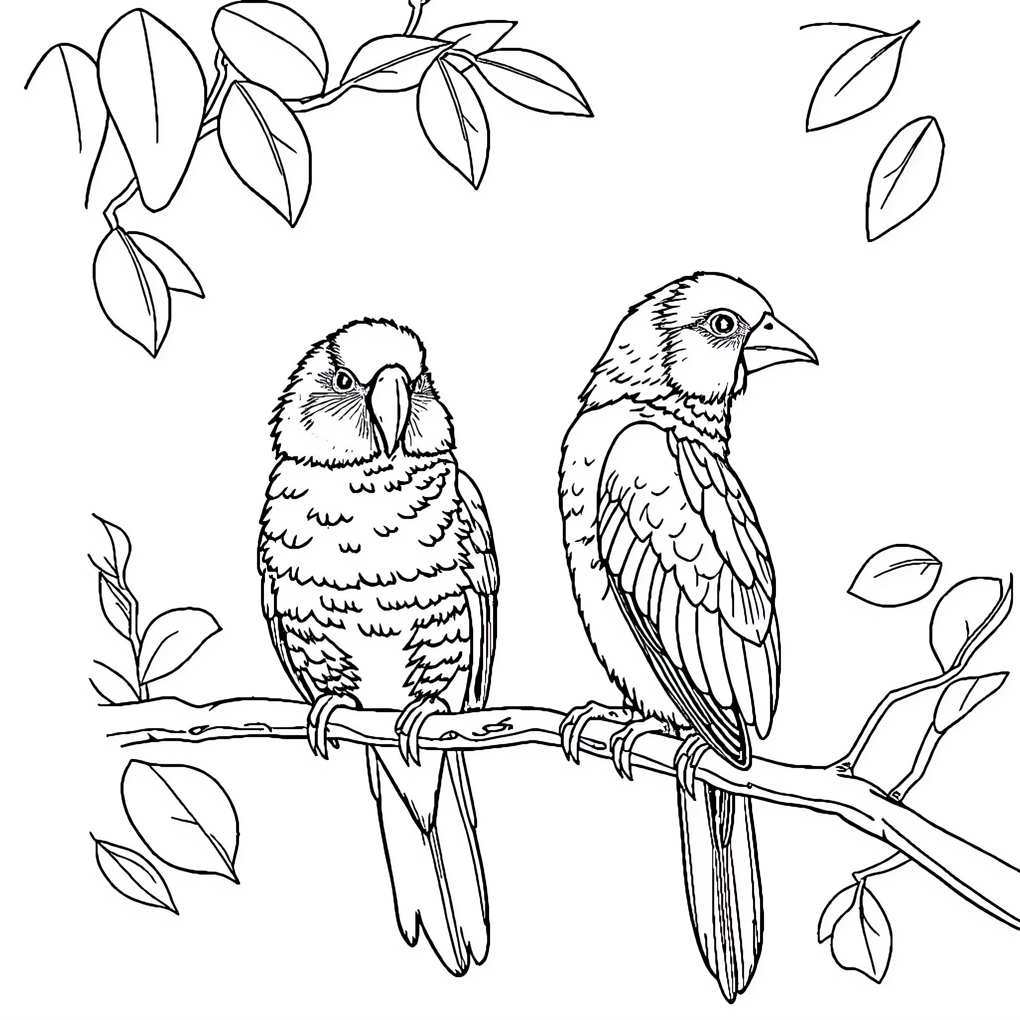 Titled Birds Perched on Leafy Branch Coloring Page (free black-and-white line drawing printable PDF for all, from beginners to advanced learners, including children, teens, adults, and seniors)