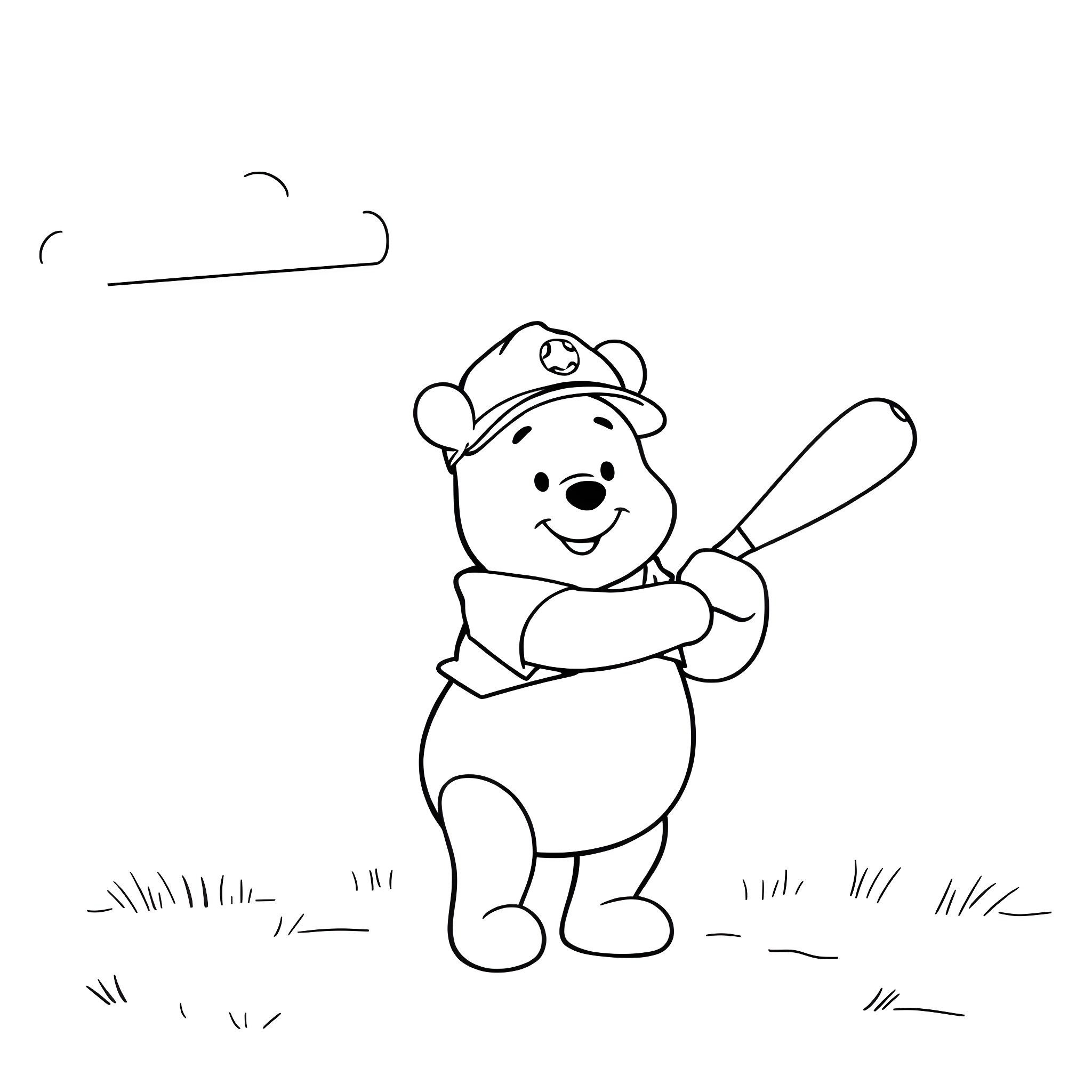 Winnie The Pooh playing baseball in the park Coloring Page (free black-and-white line drawing printable PDF for all, from beginners to advanced learners, including children, teens, adults, and seniors)
