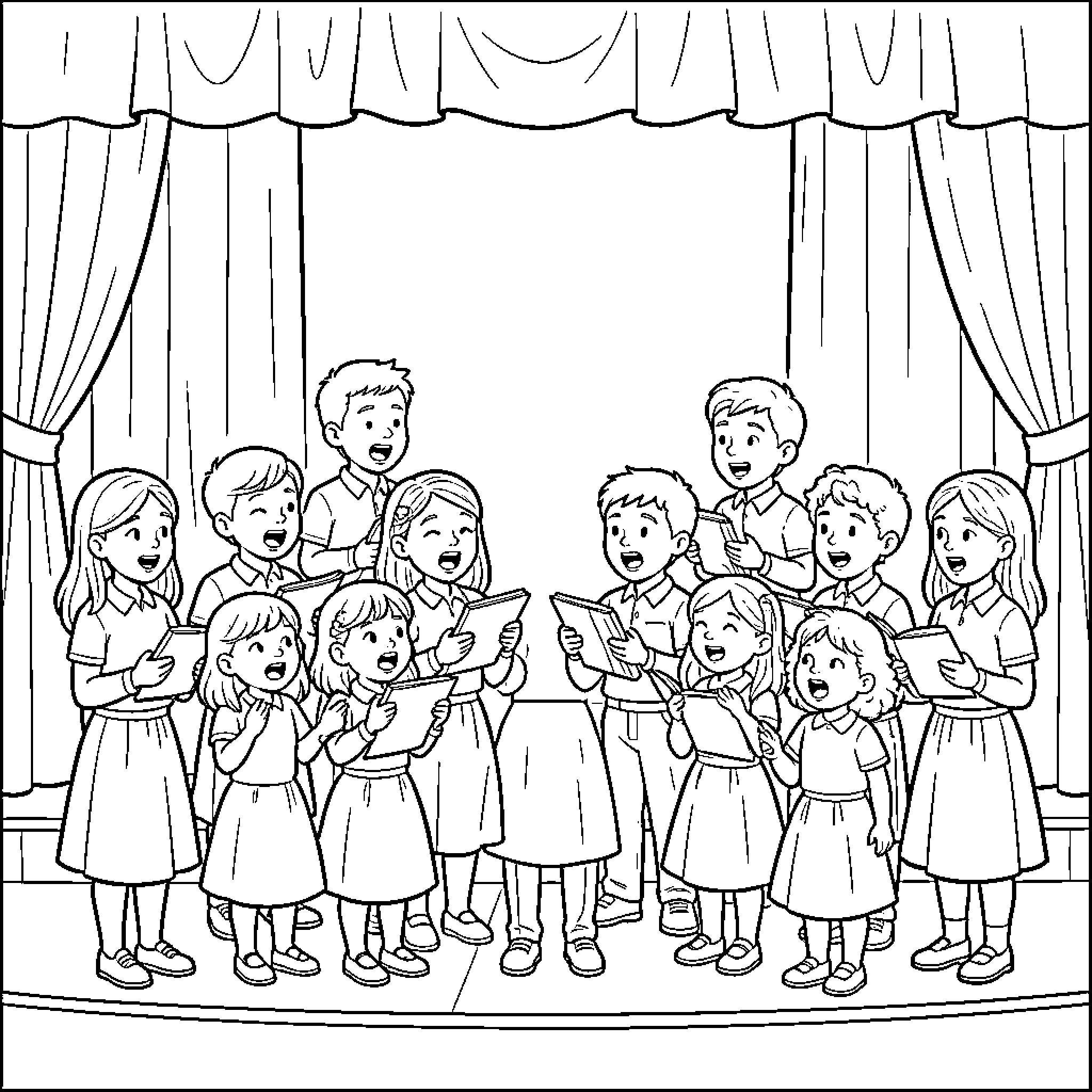 Choir of children singing joyfully on a stage Coloring Page (free black-and-white line drawing printable PDF for all, from beginners to advanced learners, including children, teens, adults, and seniors)