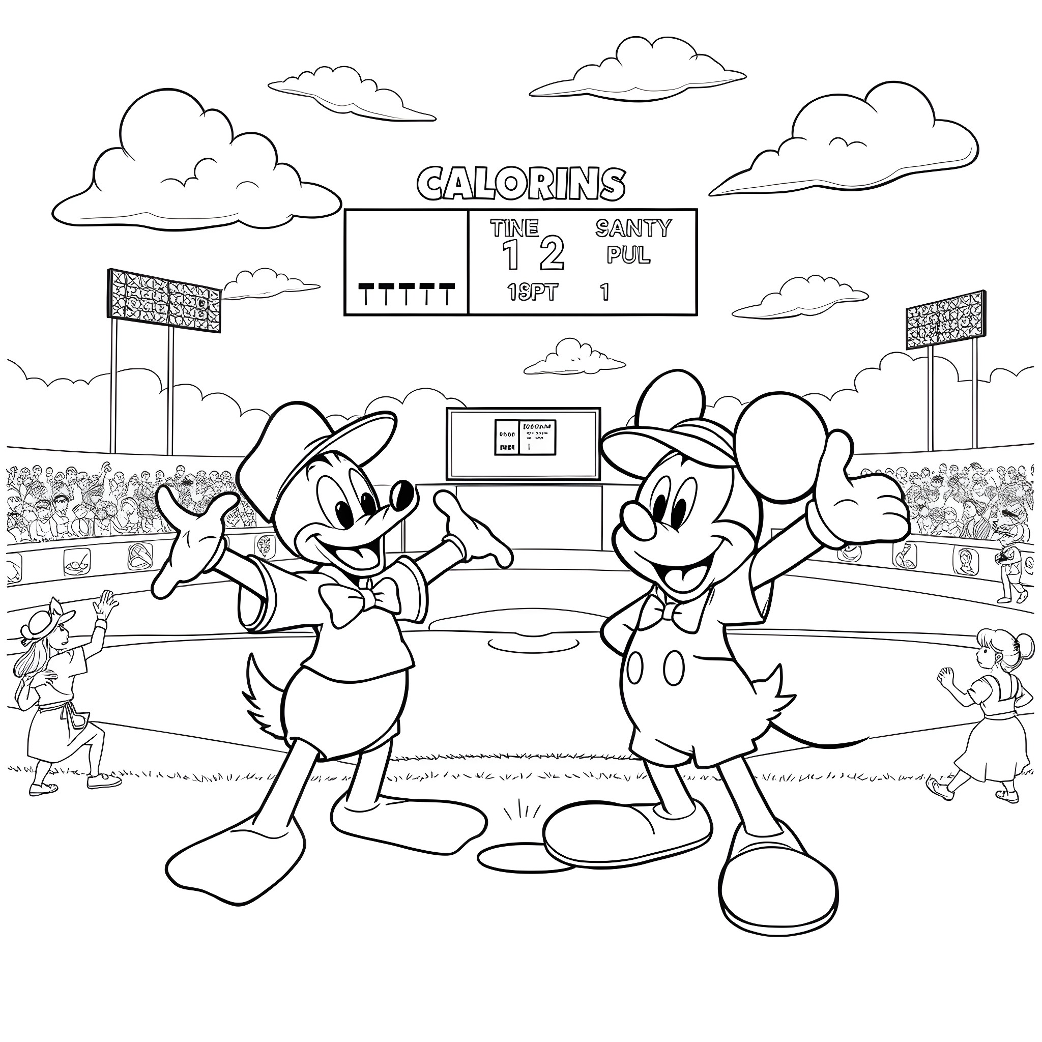 Donald Duck celebrating a baseball game with Mickey Mouse Coloring Page (free black-and-white line drawing printable PDF for all, from beginners to advanced learners, including children, teens, adults, and seniors)