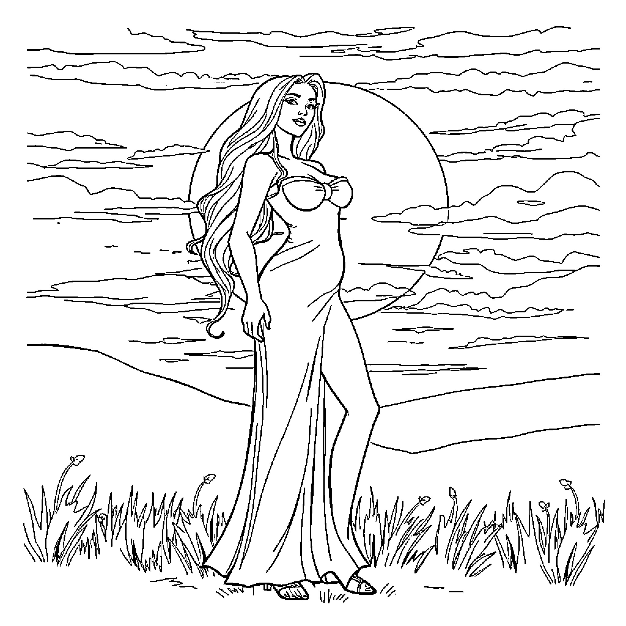 Caroline Bella standing gracefully in moonlit field Coloring Page (free black-and-white line drawing printable PDF for all, from beginners to advanced learners, including children, teens, adults, and seniors)