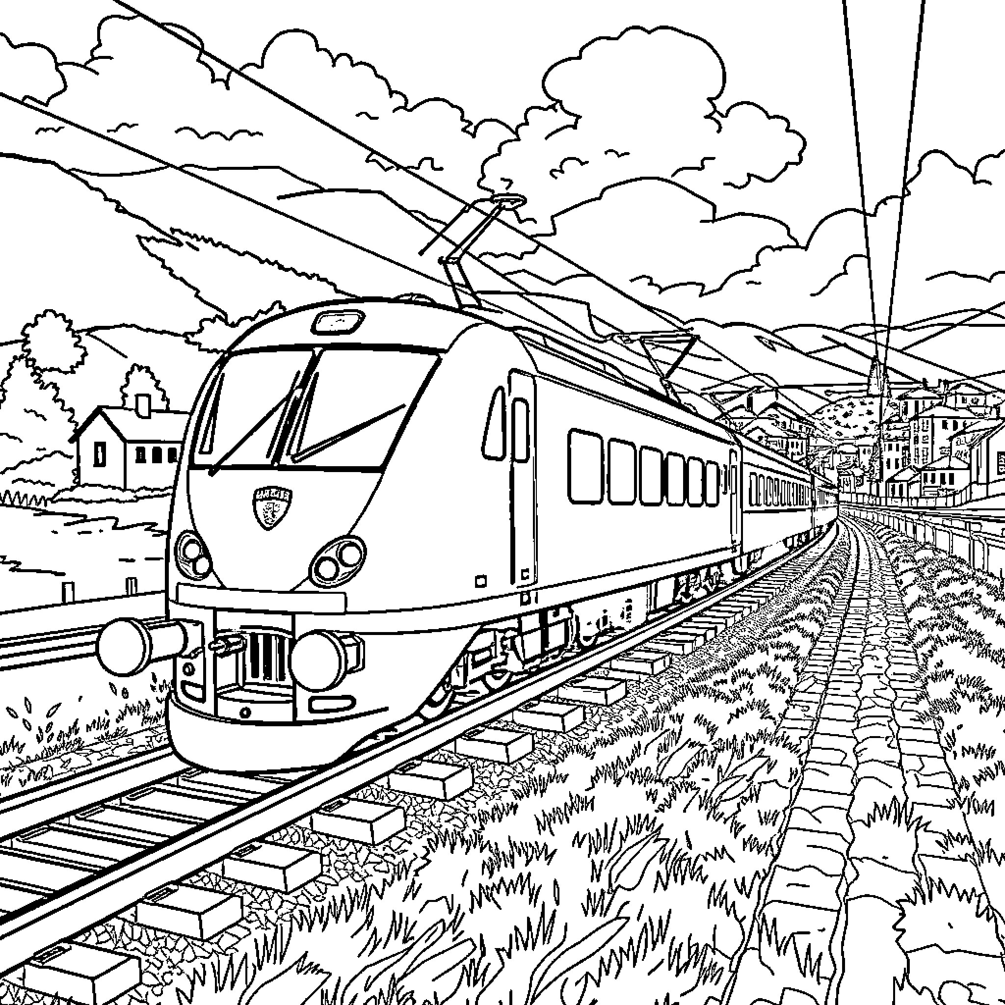 Frecciarossa train speeding through scenic countryside Coloring Page (free black-and-white line drawing printable PDF for all, from beginners to advanced learners, including children, teens, adults, and seniors)