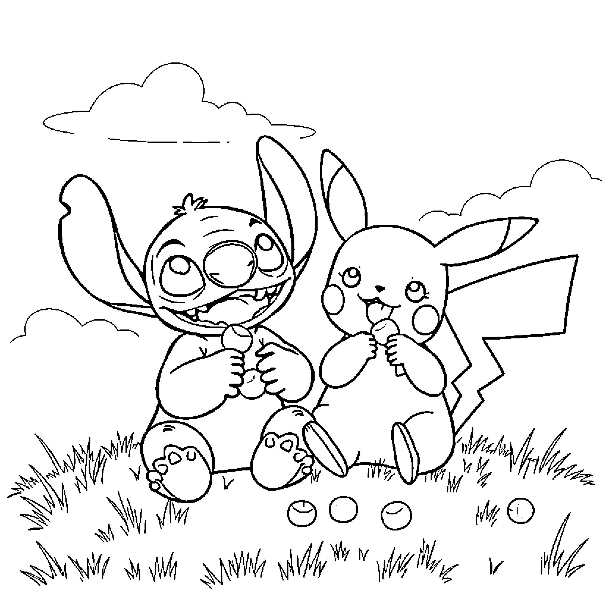 Stitch and Pikachu playing in the grass Coloring Page (free black-and-white line drawing printable PDF for all, from beginners to advanced learners, including children, teens, adults, and seniors)