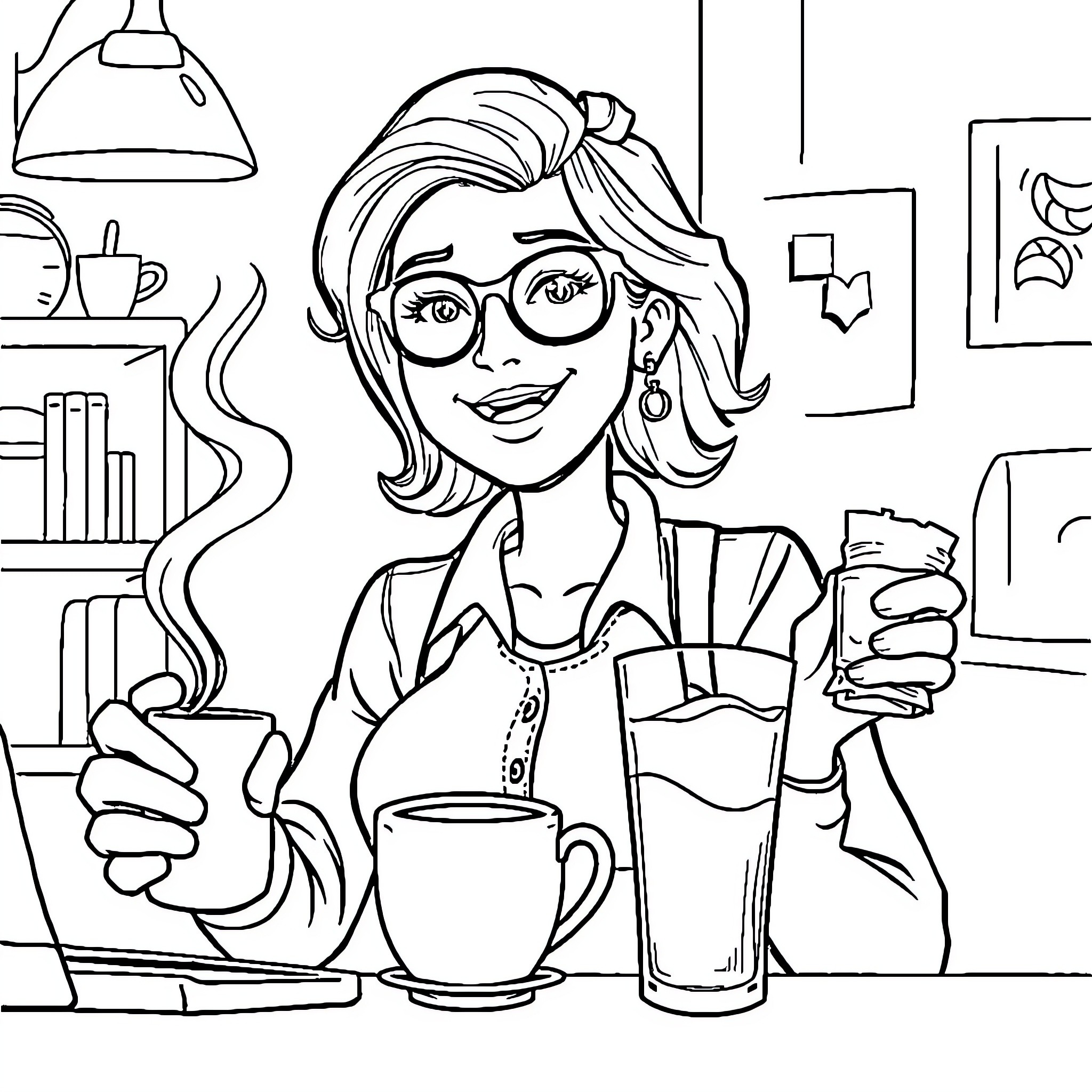 Mom enjoying a cup of coffee in her study Coloring Page (free black-and-white line drawing printable PDF for all, from beginners to advanced learners, including children, teens, adults, and seniors)
