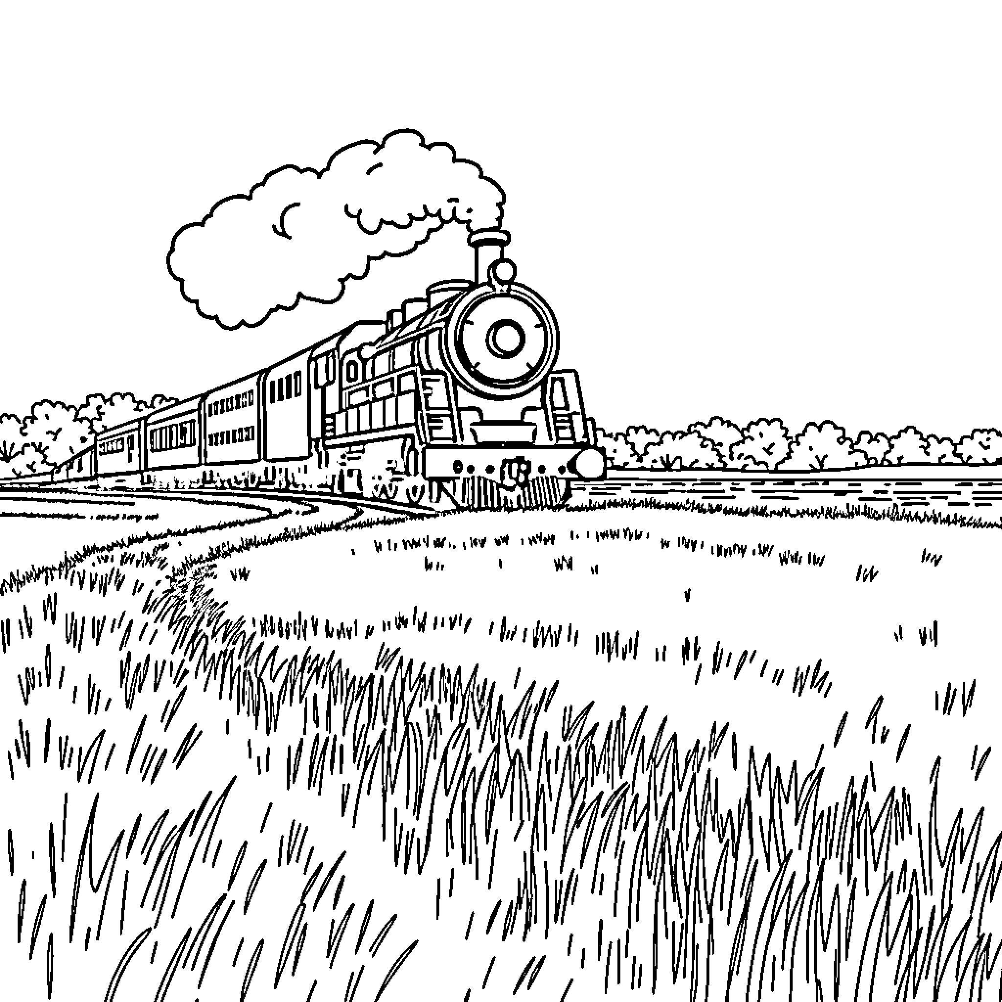 Train Traveling Through Countryside Landscape Coloring Page (free black-and-white line drawing printable PDF for all, from beginners to advanced learners, including children, teens, adults, and seniors)