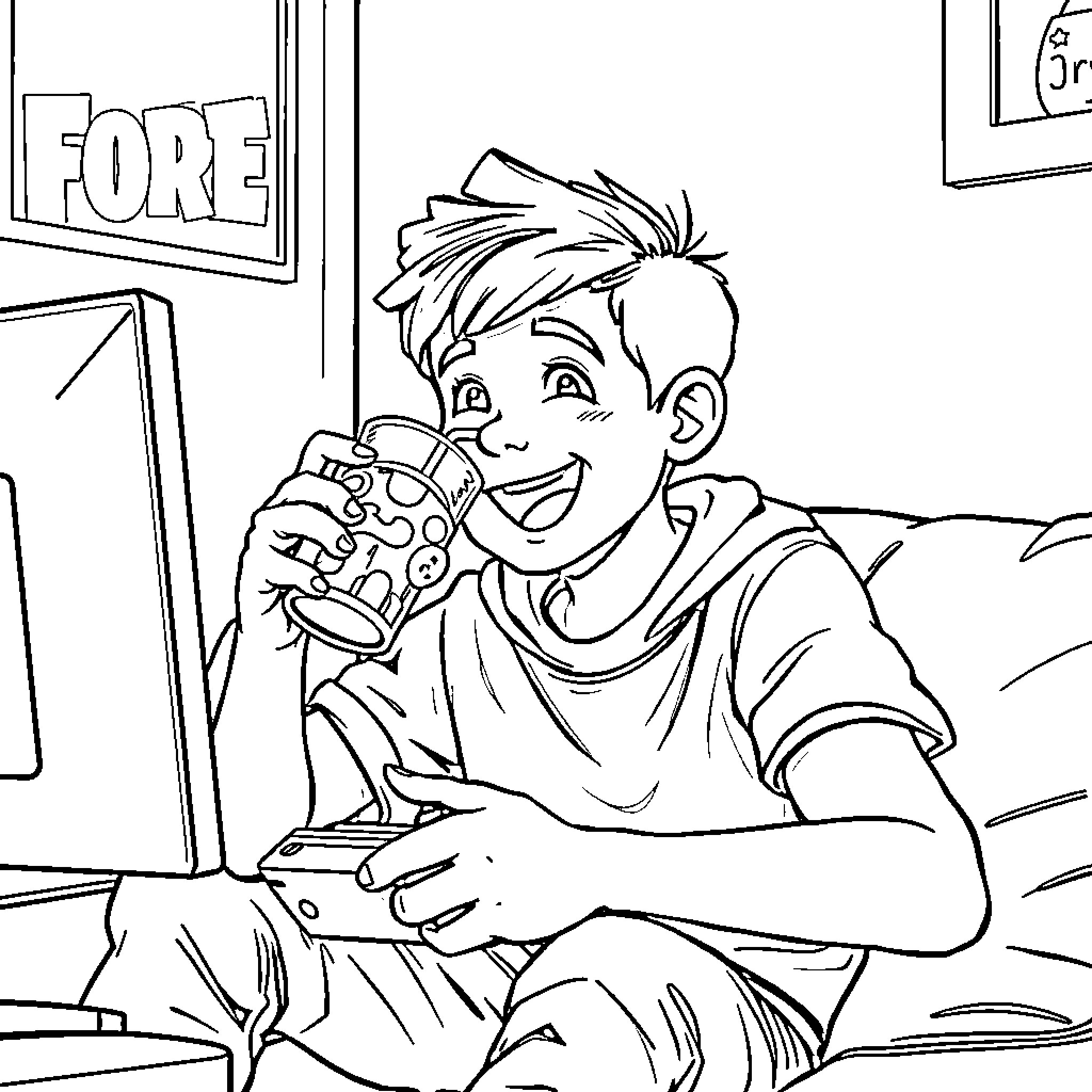 Boy playing video games happily in his room Coloring Page (free black-and-white line drawing printable PDF for all, from beginners to advanced learners, including children, teens, adults, and seniors)