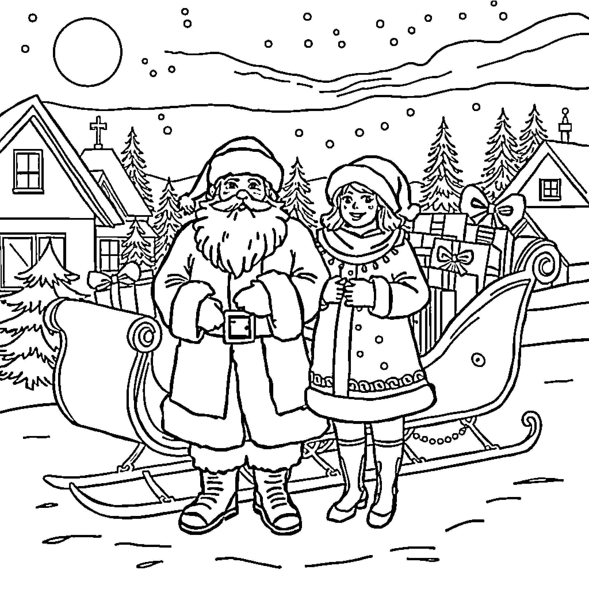 Father Christmas brings joy and gifts to a snowy village Coloring Page (free black-and-white line drawing printable PDF for all, from beginners to advanced learners, including children, teens, adults, and seniors)