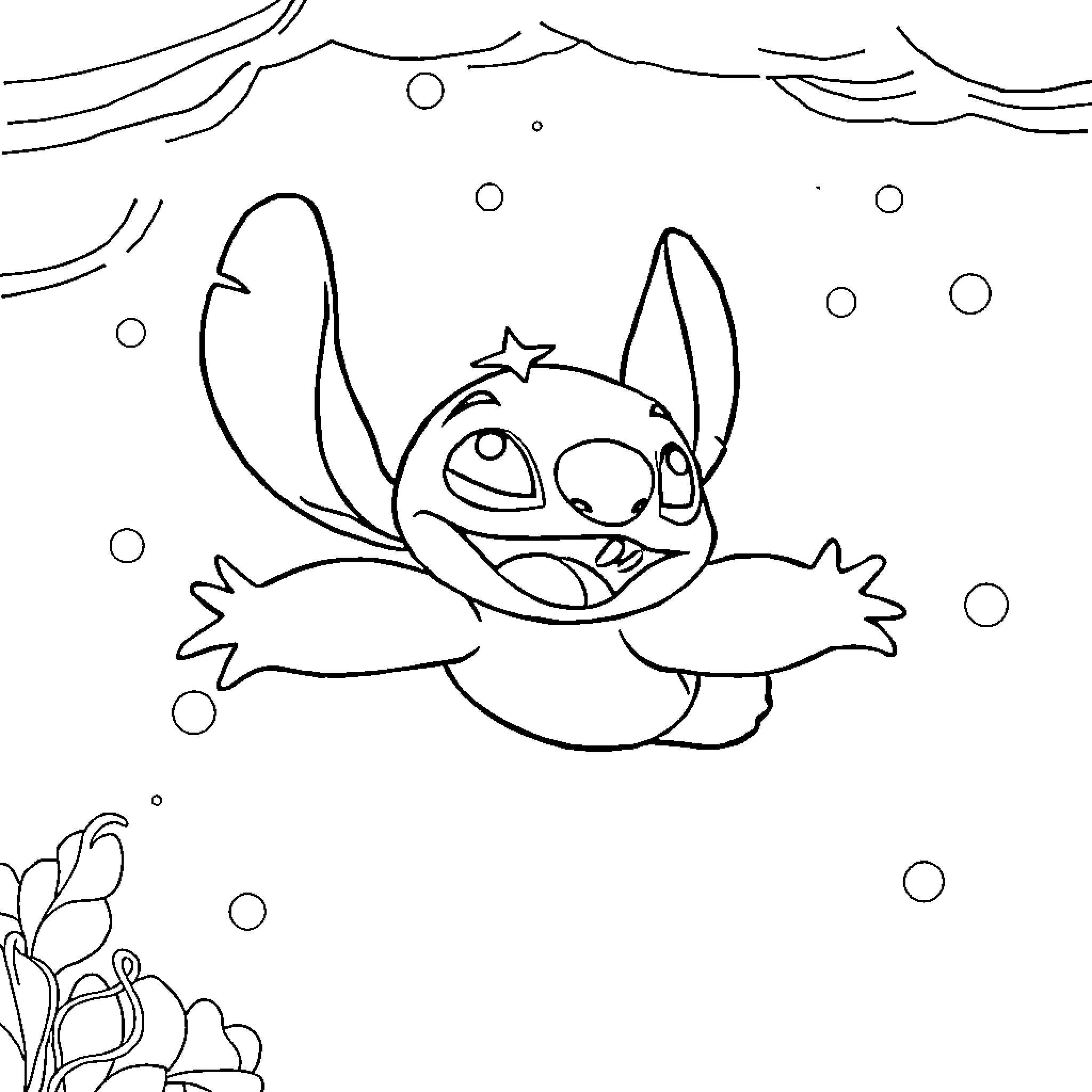 Stitch playing joyfully in the underwater scene Coloring Page (free black-and-white line drawing printable PDF for all, from beginners to advanced learners, including children, teens, adults, and seniors)