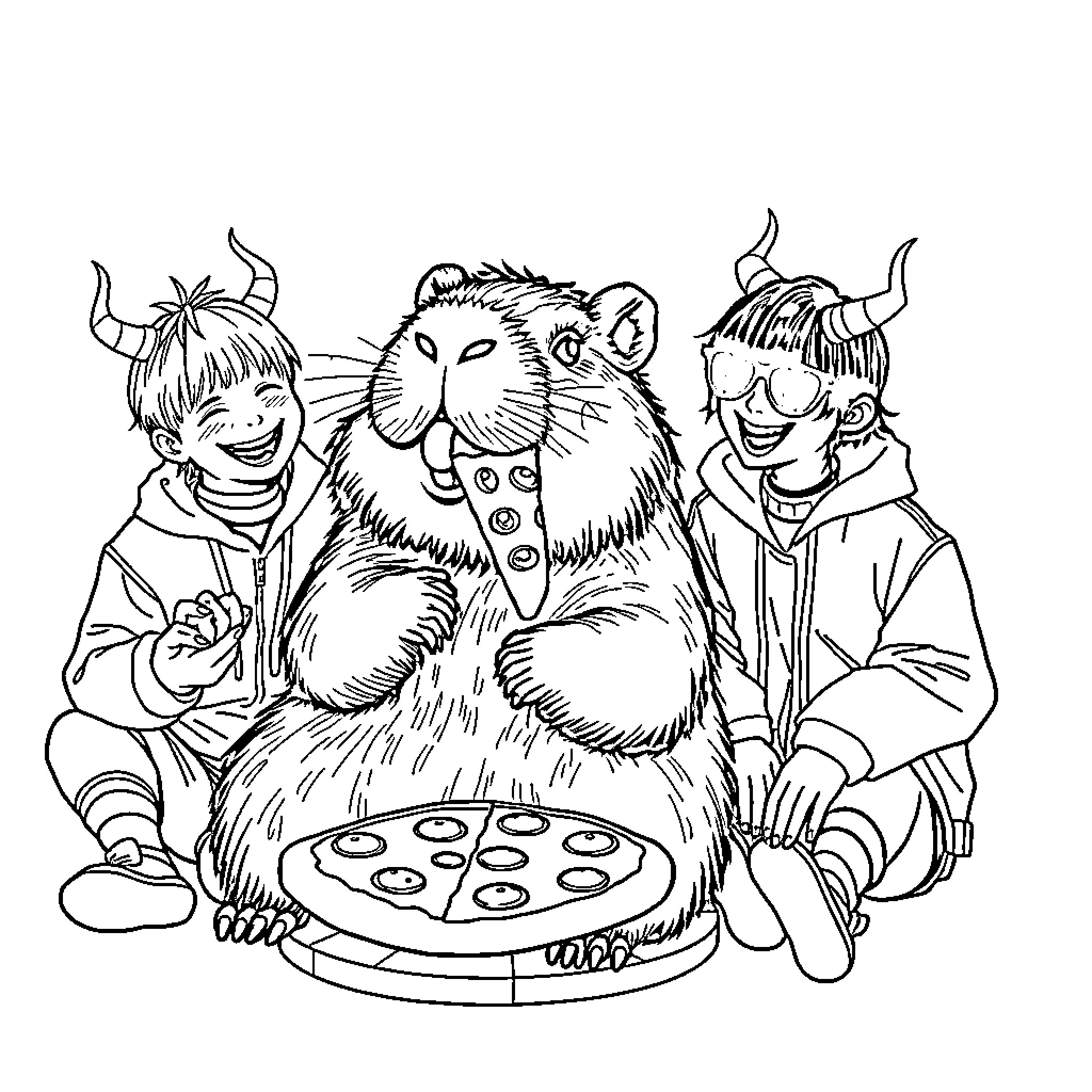 Capybara and friends enjoy a pizza party Coloring Page (free black-and-white line drawing printable PDF for all, from beginners to advanced learners, including children, teens, adults, and seniors)