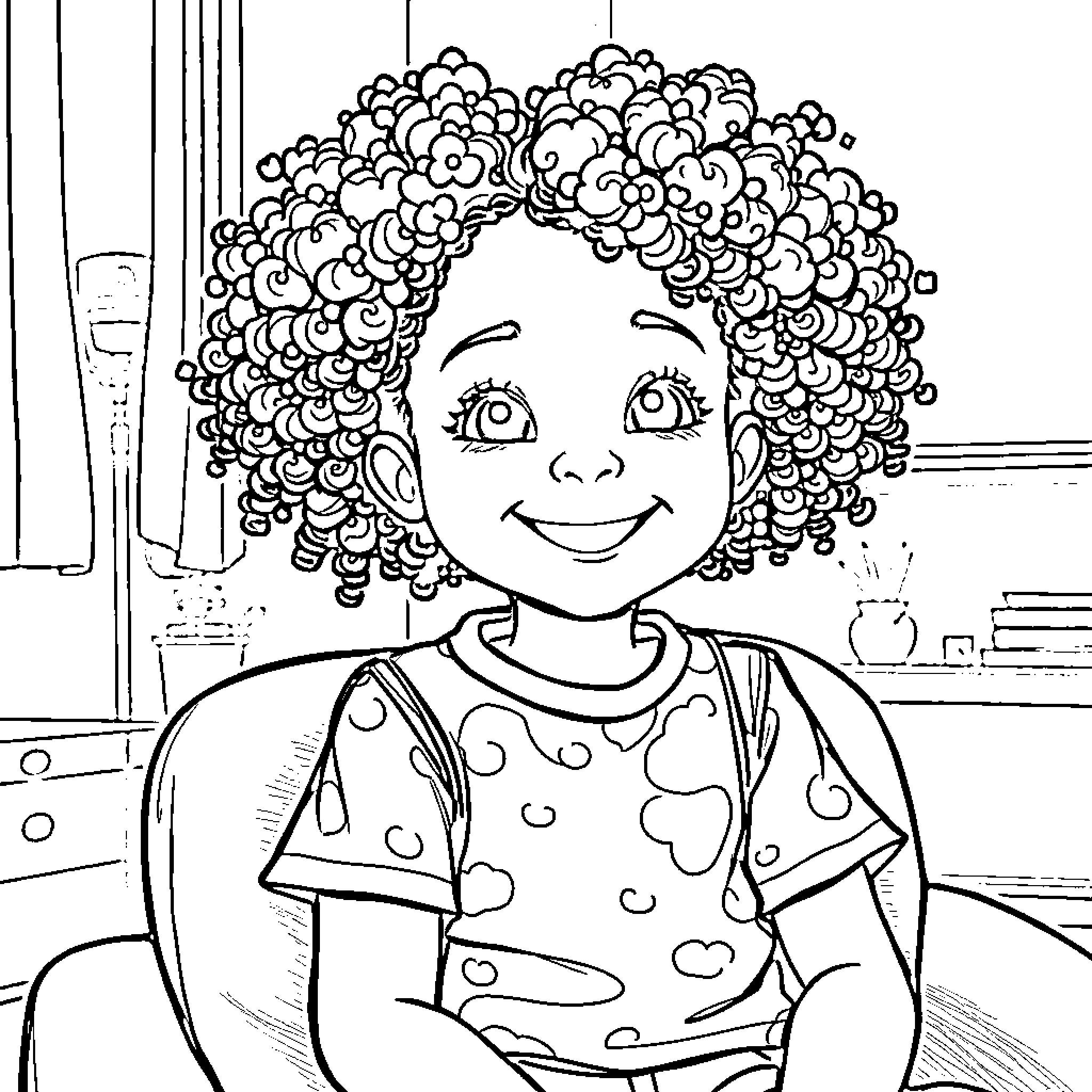 Girl with Curly Hair Smiling Happily Coloring Page (free black-and-white line drawing printable PDF for all, from beginners to advanced learners, including children, teens, adults, and seniors)