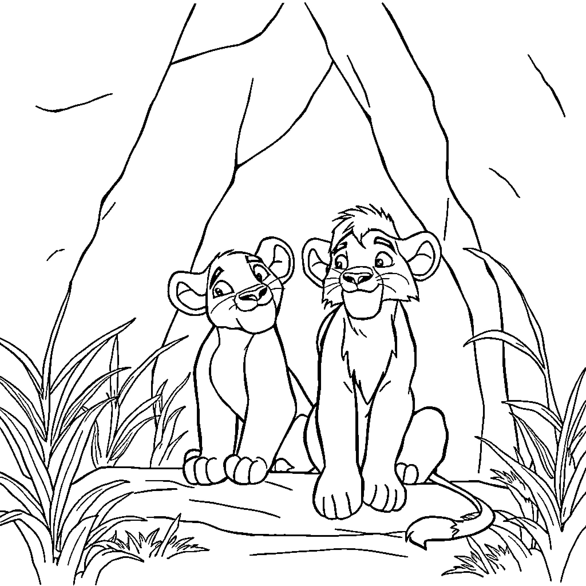 Simba and friend exploring the jungle landscape Coloring Page (free black-and-white line drawing printable PDF for all, from beginners to advanced learners, including children, teens, adults, and seniors)