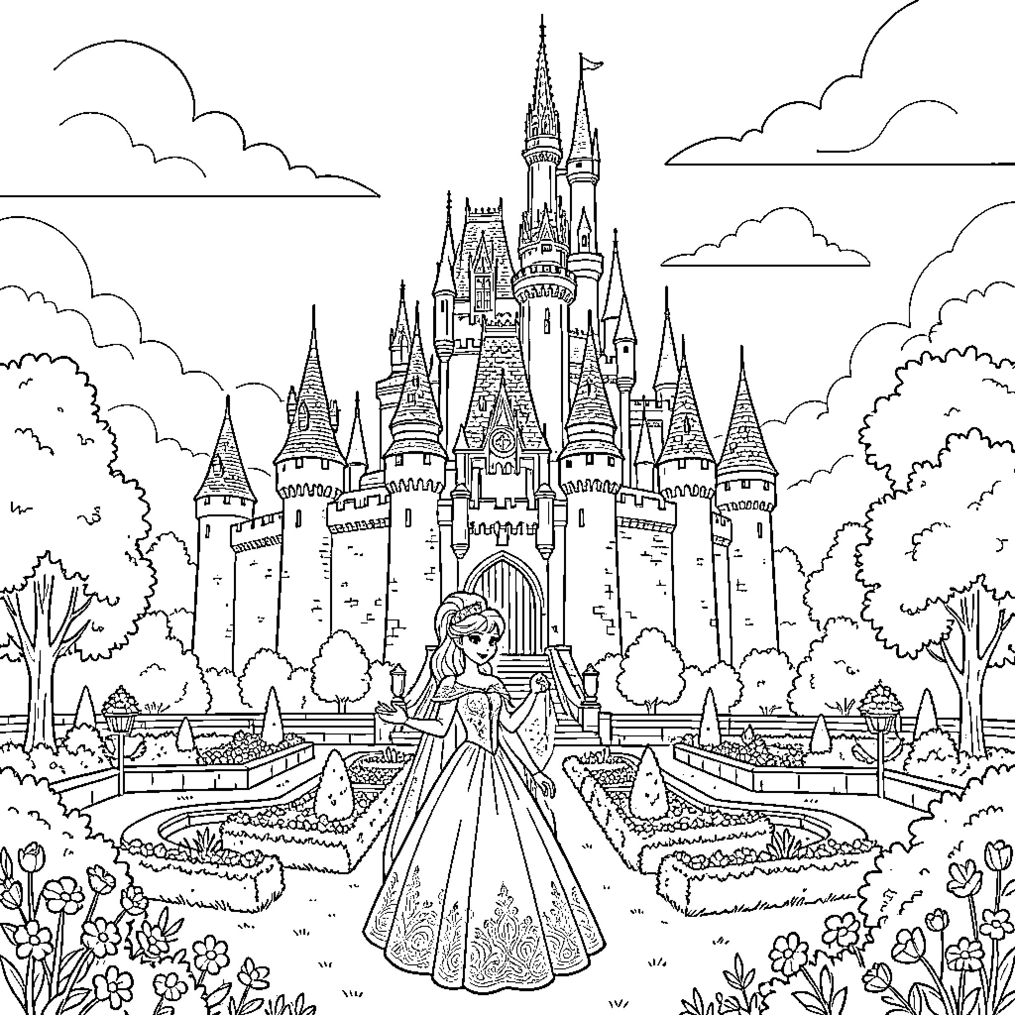 Elsa standing gracefully in front of a majestic castle Coloring Page (free black-and-white line drawing printable PDF for all, from beginners to advanced learners, including children, teens, adults, and seniors)