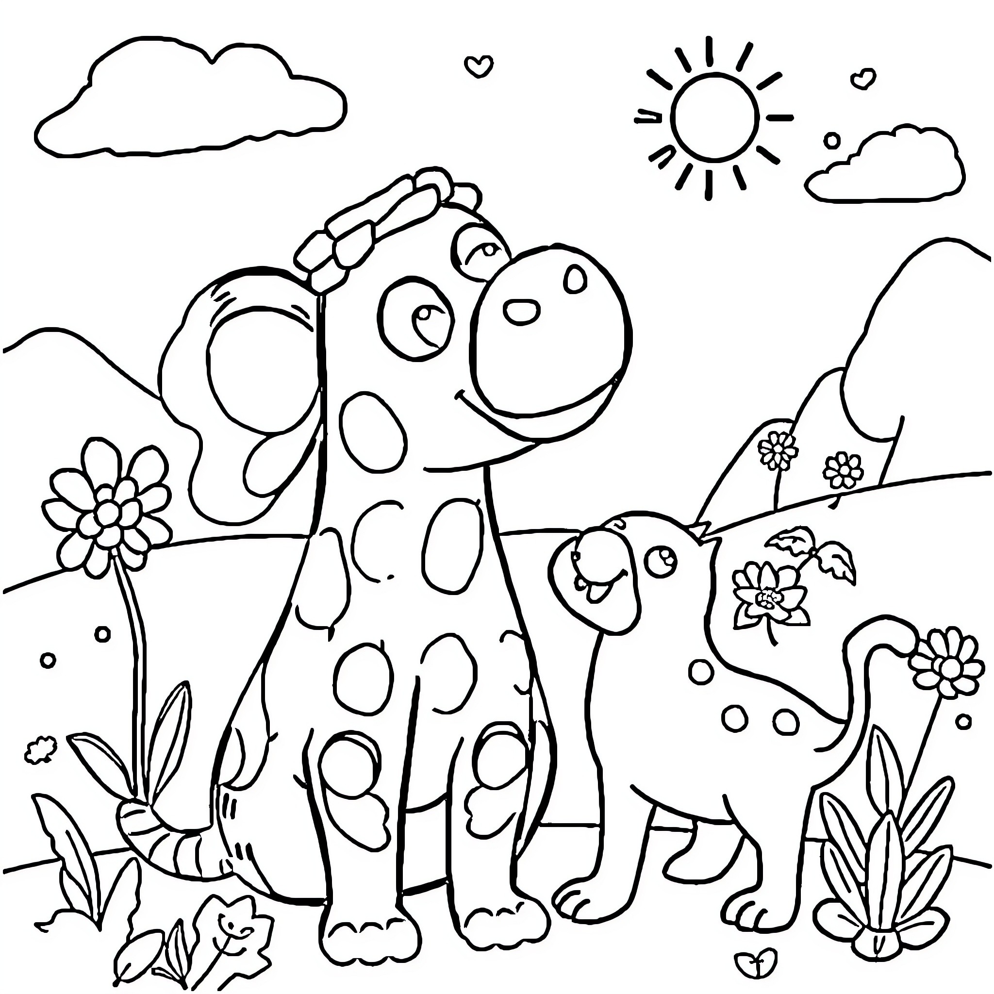 Toca Boca cartoon animals playing in nature Coloring Page (free black-and-white line drawing printable PDF for all, from beginners to advanced learners, including children, teens, adults, and seniors)