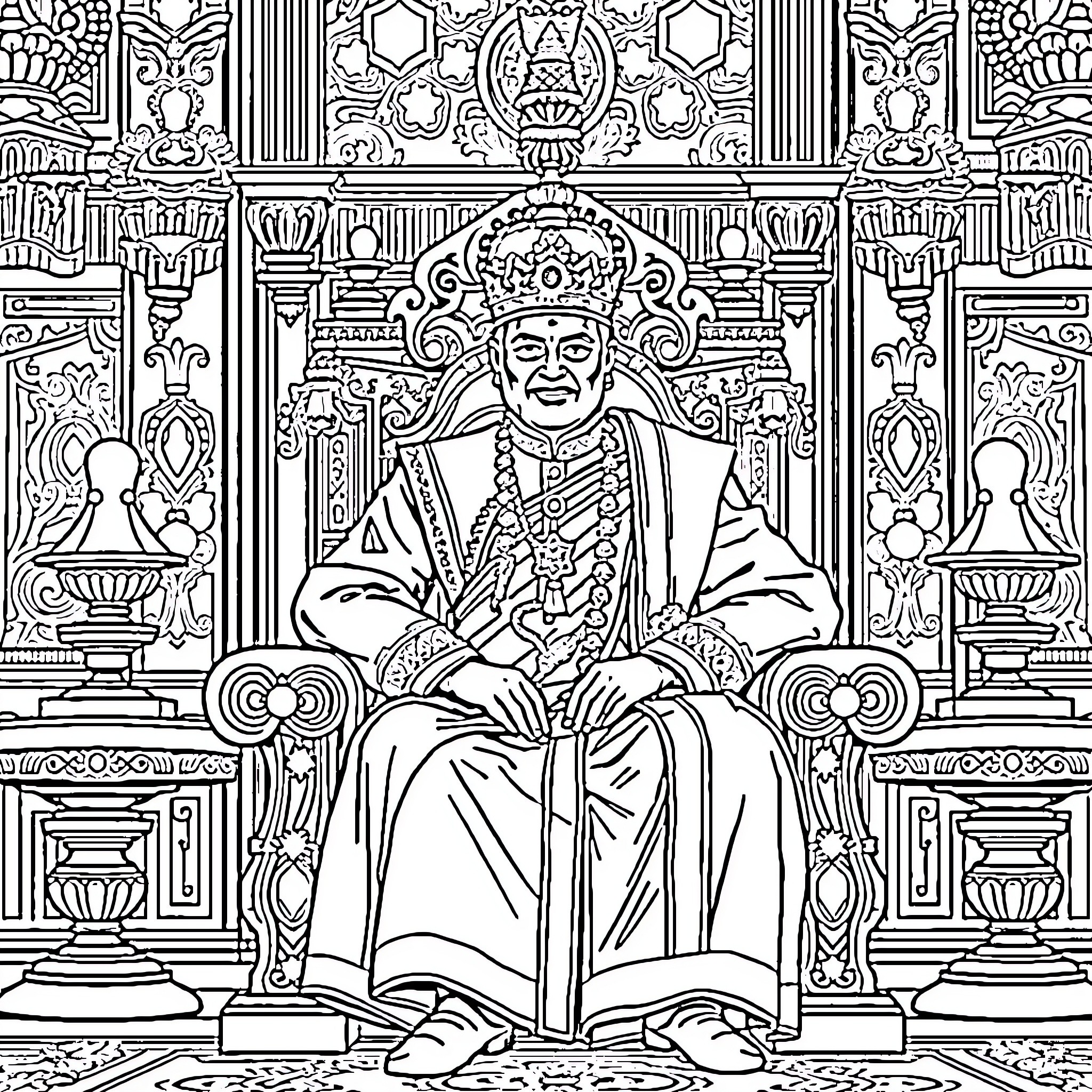 King in Ornate Ceremonial Throne Coloring Page (free black-and-white line drawing printable PDF for all, from beginners to advanced learners, including children, teens, adults, and seniors)