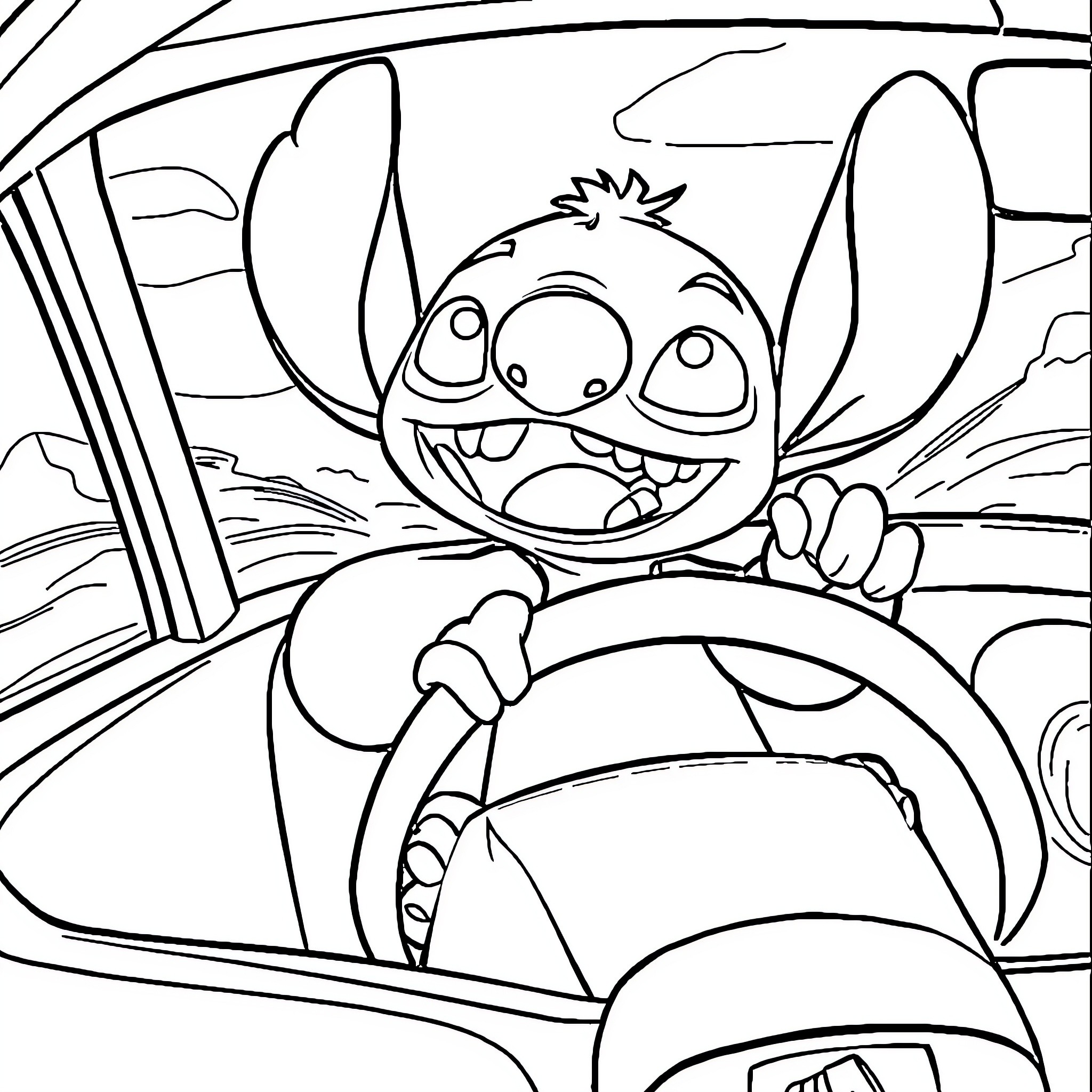 Stitch driving a car joyfully Coloring Page (free black-and-white line drawing printable PDF for all, from beginners to advanced learners, including children, teens, adults, and seniors)