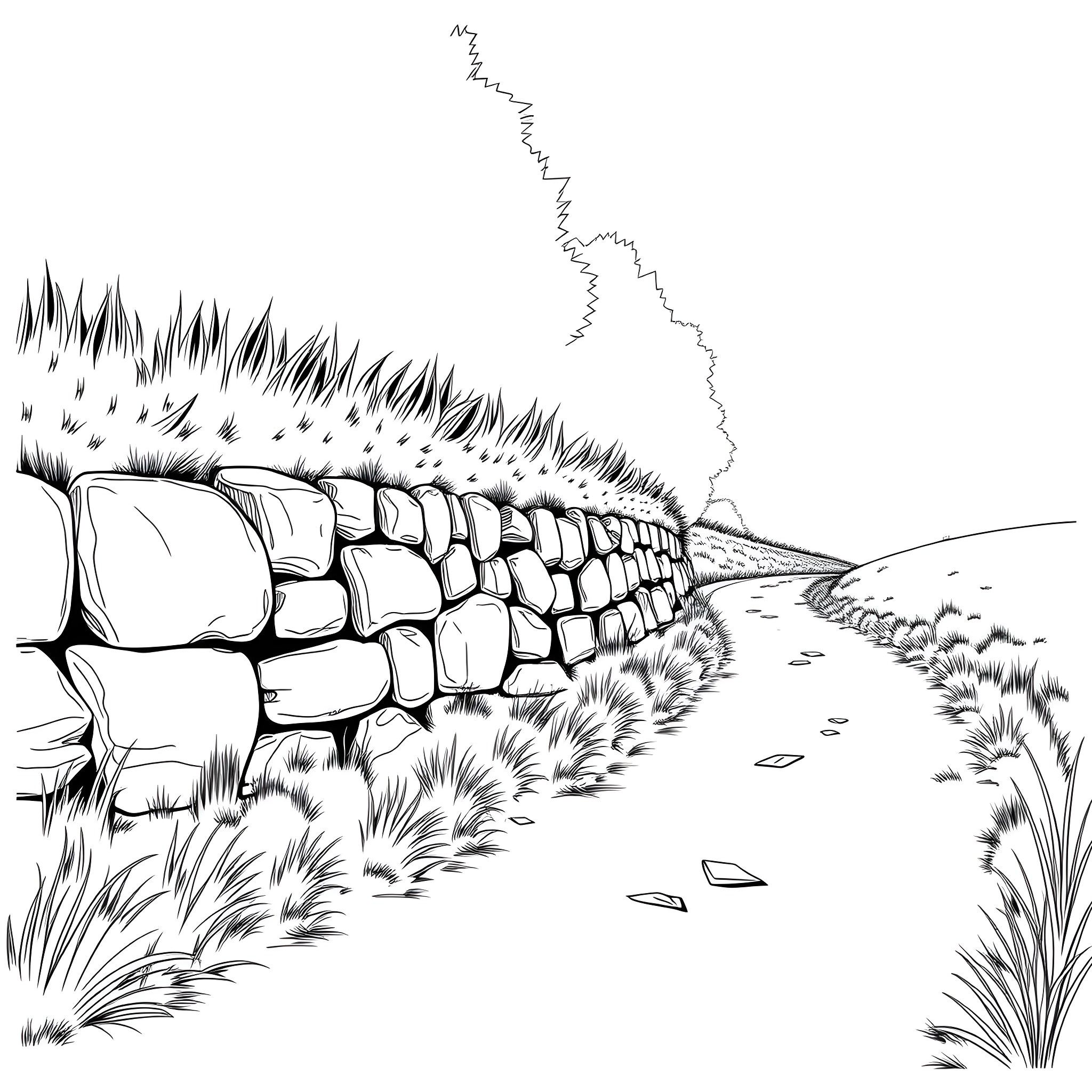 Kerb leading to a winding path through the wilderness Coloring Page (free black-and-white line drawing printable PDF for all, from beginners to advanced learners, including children, teens, adults, and seniors)