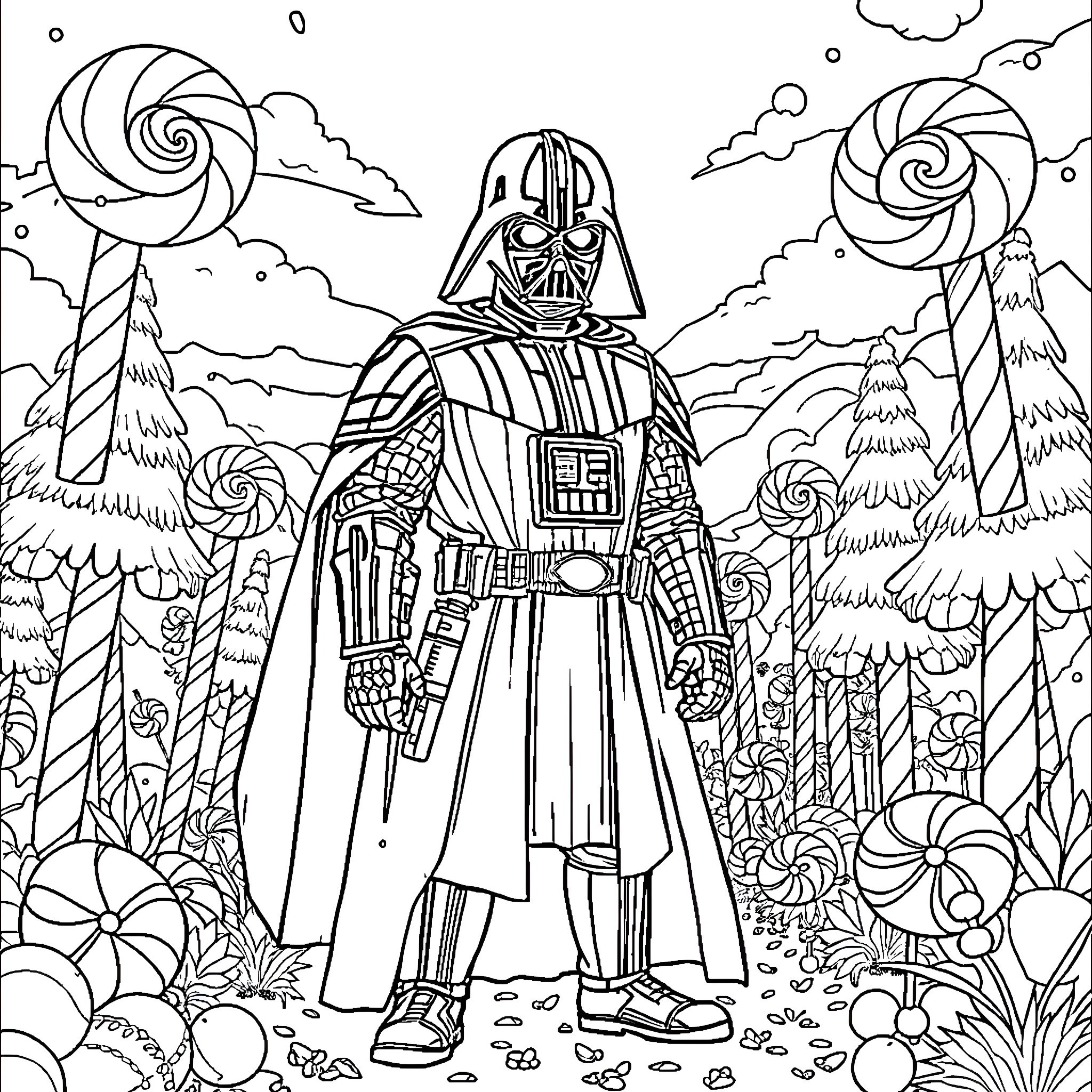 Darth Vader amidst whimsical landscape Coloring Page (free black-and-white line drawing printable PDF for all, from beginners to advanced learners, including children, teens, adults, and seniors)