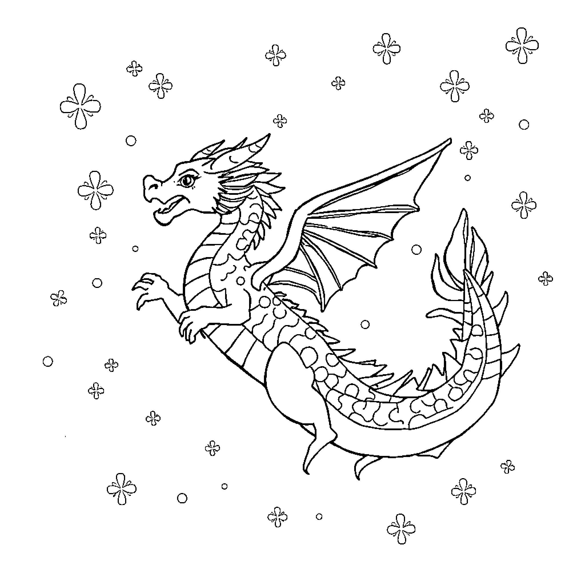 Dragon flying amidst whimsical flowers Coloring Page (free black-and-white line drawing printable PDF for all, from beginners to advanced learners, including children, teens, adults, and seniors)