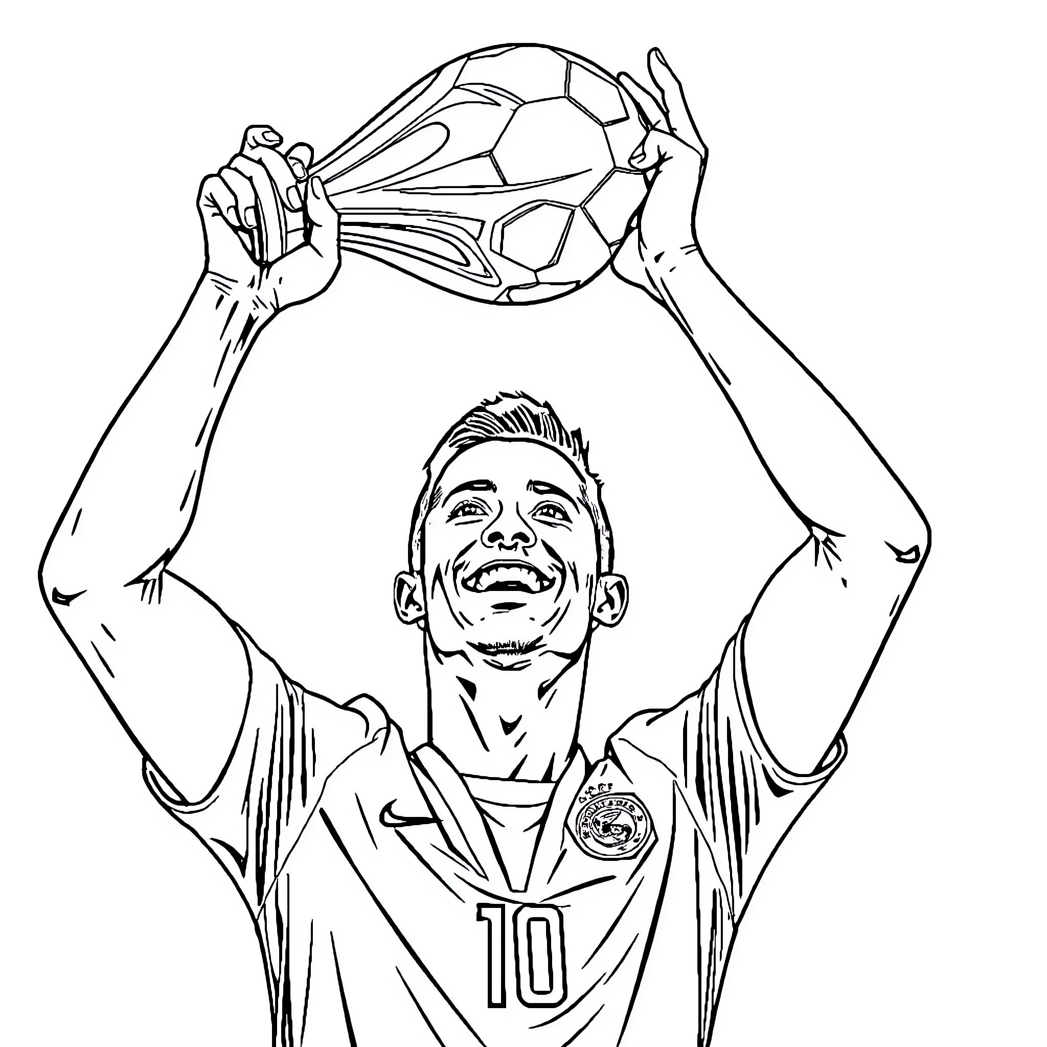 Cristiano Ronaldo celebrates soccer victory with trophy Coloring Page (free black-and-white line drawing printable PDF for all, from beginners to advanced learners, including children, teens, adults, and seniors)