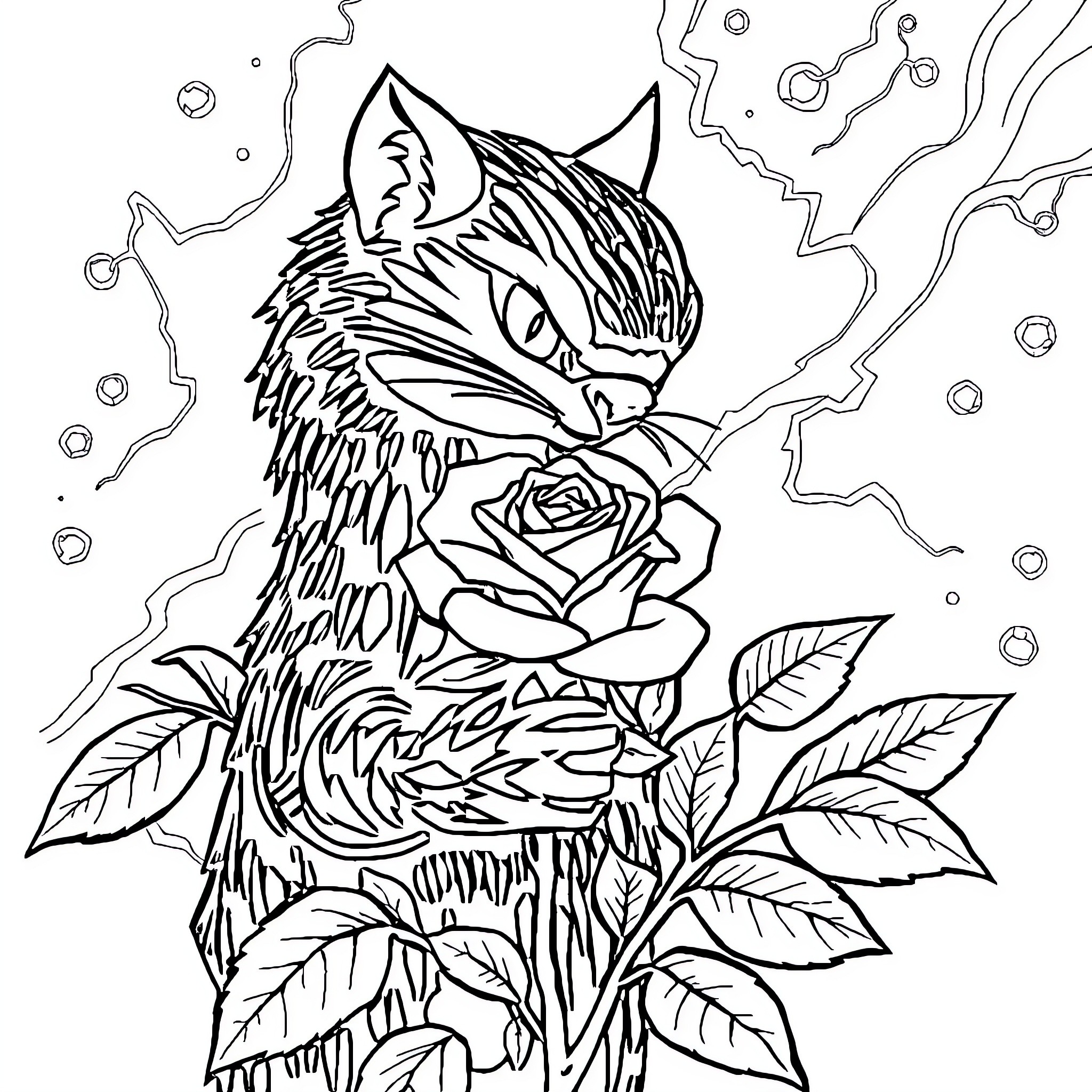 Átomo: Cat-like creature amidst floral elements Coloring Page (free black-and-white line drawing printable PDF for all, from beginners to advanced learners, including children, teens, adults, and seniors)