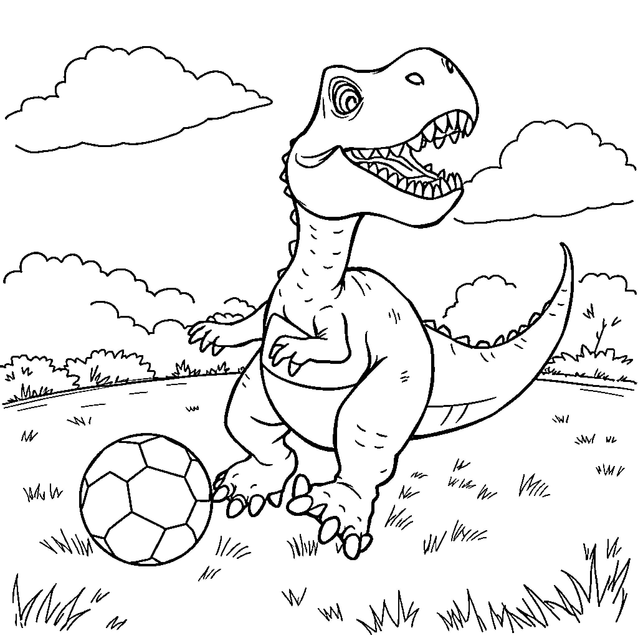 Dinosaur playing with soccer ball in outdoor scene Coloring Page (free black-and-white line drawing printable PDF for all, from beginners to advanced learners, including children, teens, adults, and seniors)