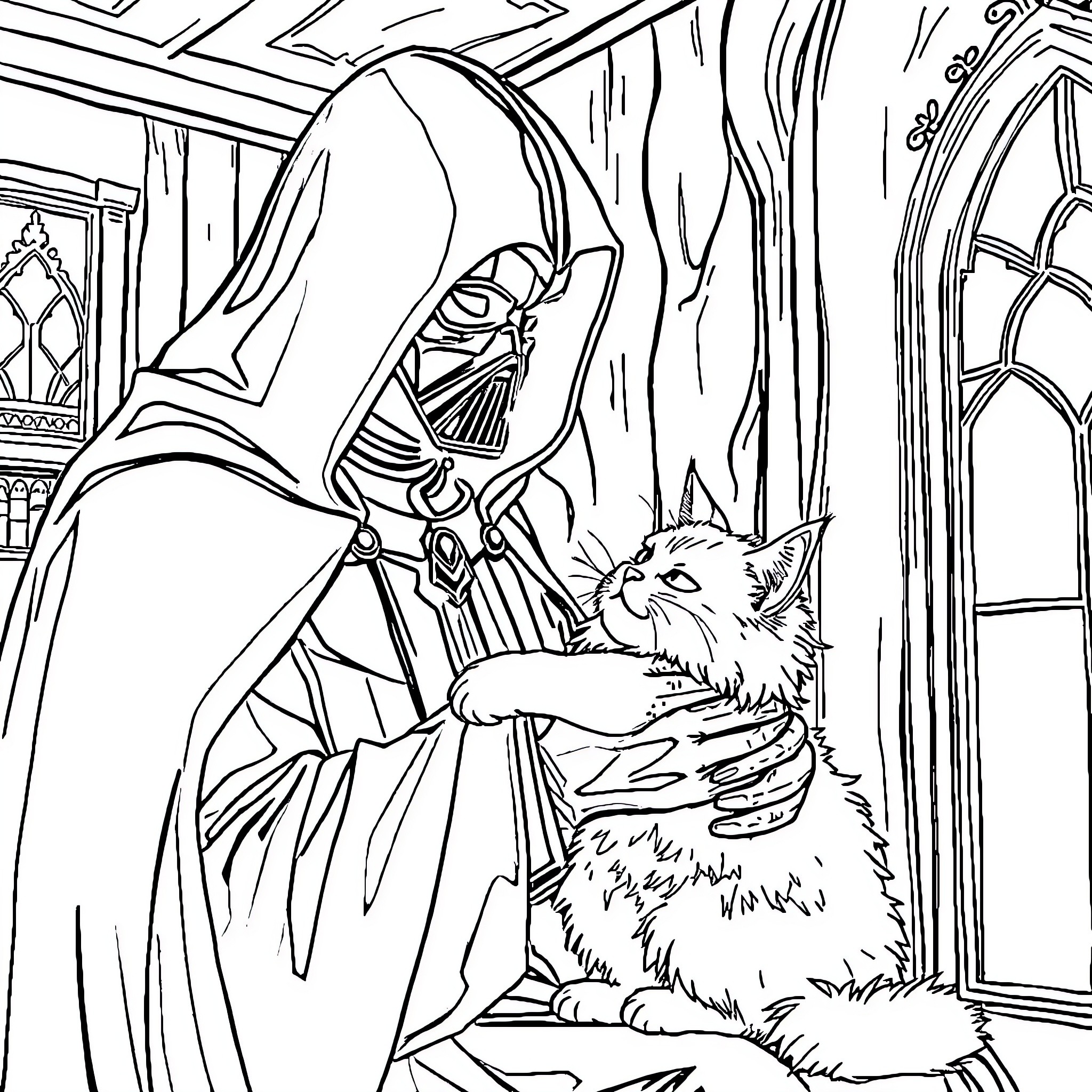 Darth Vader and a curious cat Coloring Page (free black-and-white line drawing printable PDF for all, from beginners to advanced learners, including children, teens, adults, and seniors)