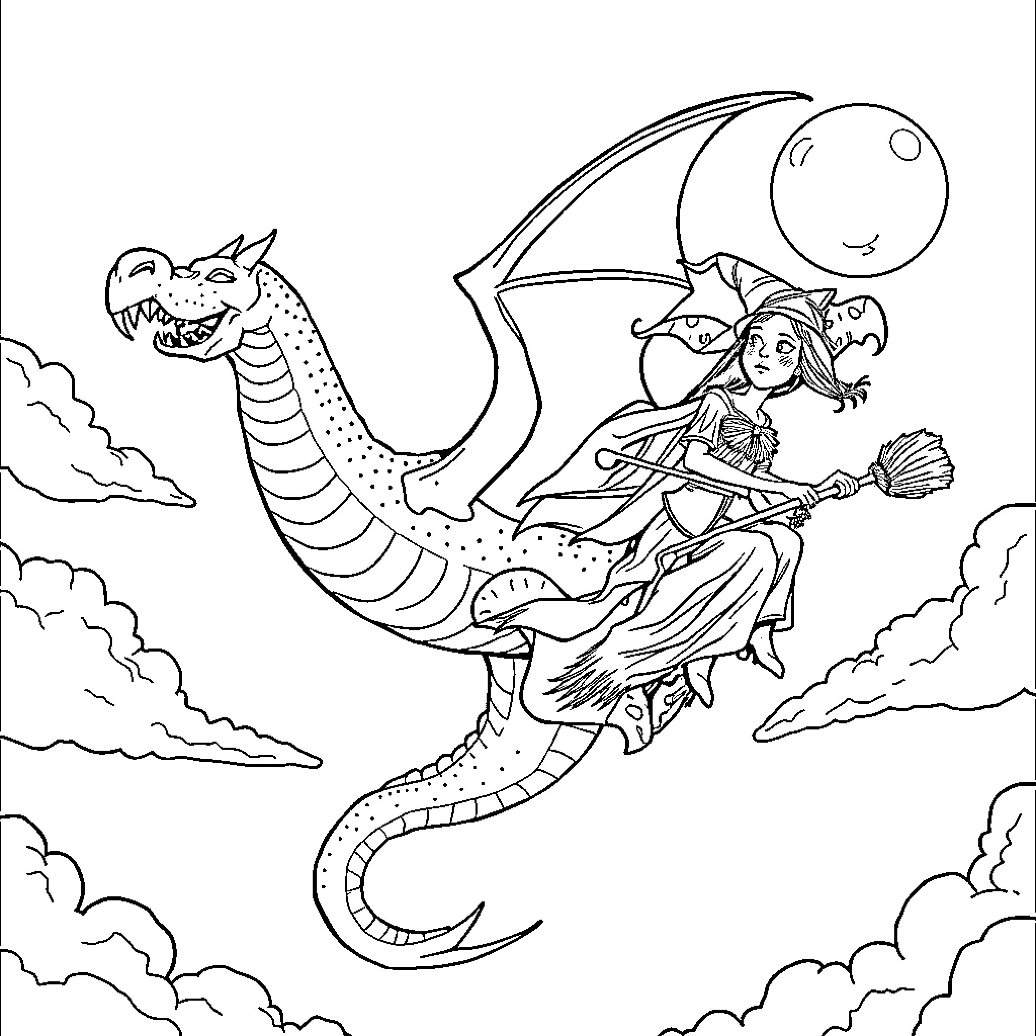 Dragon Rider Soaring Through the Skies Coloring Page (free black-and-white line drawing printable PDF for all, from beginners to advanced learners, including children, teens, adults, and seniors)