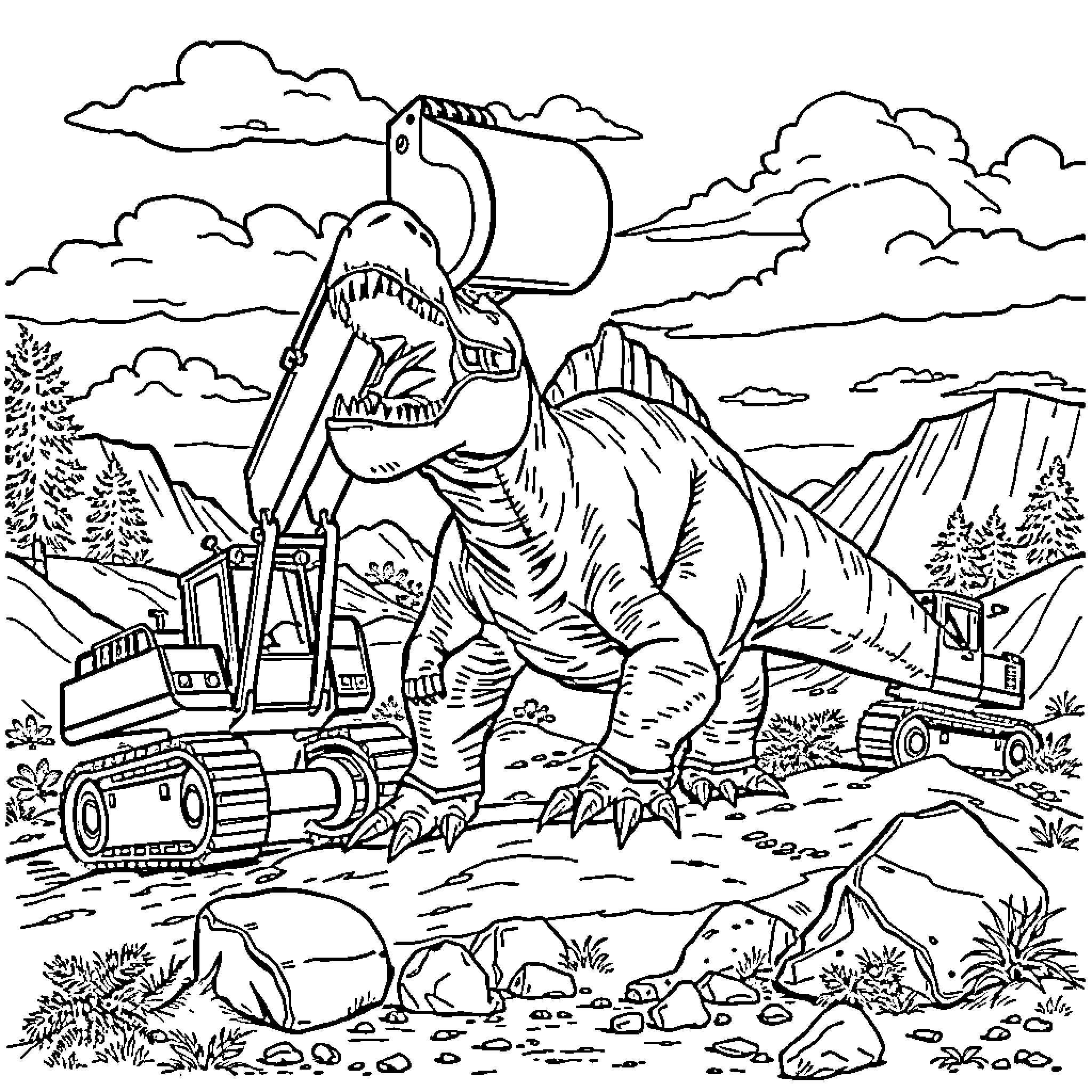 Excavator uncovering a massive dinosaur fossil in a scenic landscape Coloring Page (free black-and-white line drawing printable PDF for all, from beginners to advanced learners, including children, teens, adults, and seniors)
