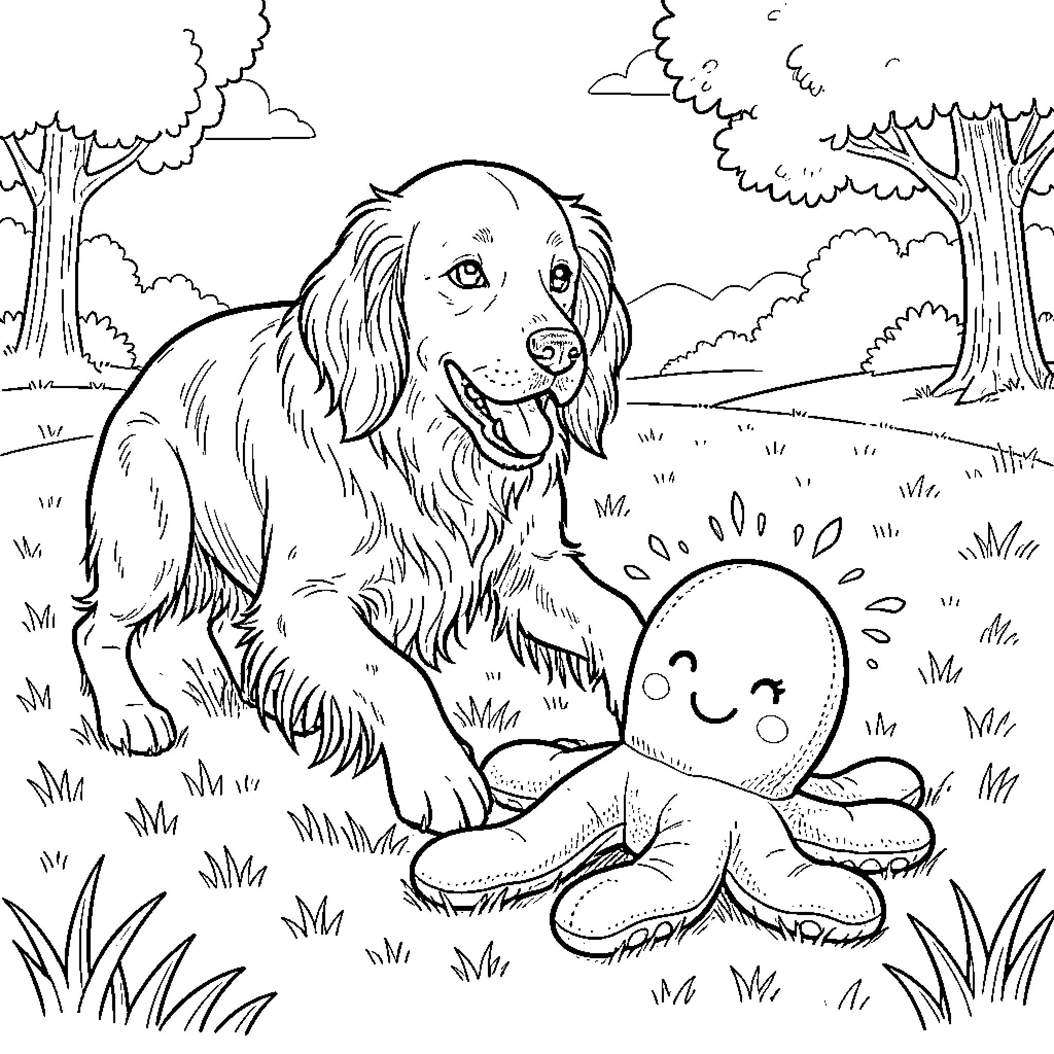 English Setter smiling next to a cute octopus toy Coloring Page (free black-and-white line drawing printable PDF for all, from beginners to advanced learners, including children, teens, adults, and seniors)