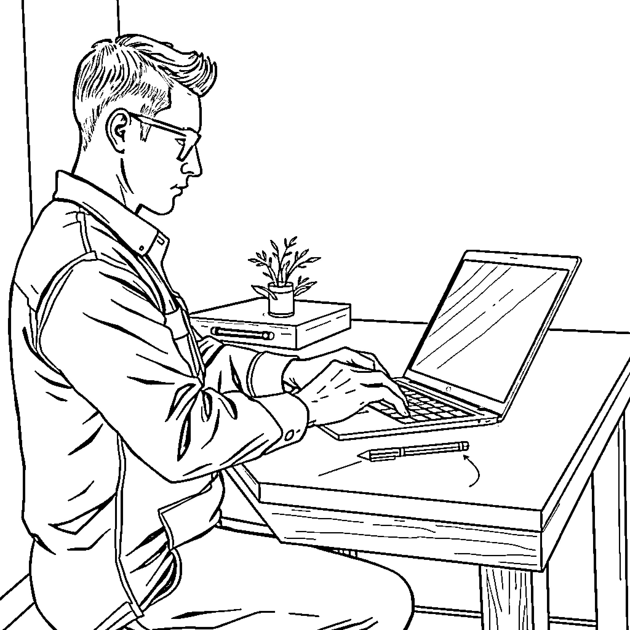 Computer Technician Working Diligently at Desk Coloring Page (free black-and-white line drawing printable PDF for all, from beginners to advanced learners, including children, teens, adults, and seniors)