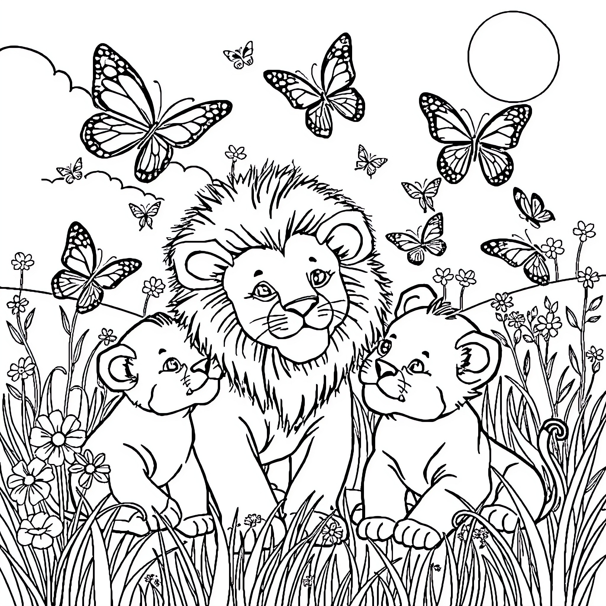 Butterfly Lion and Cubs in Flower Field Coloring Page (free black-and-white line drawing printable PDF for all, from beginners to advanced learners, including children, teens, adults, and seniors)