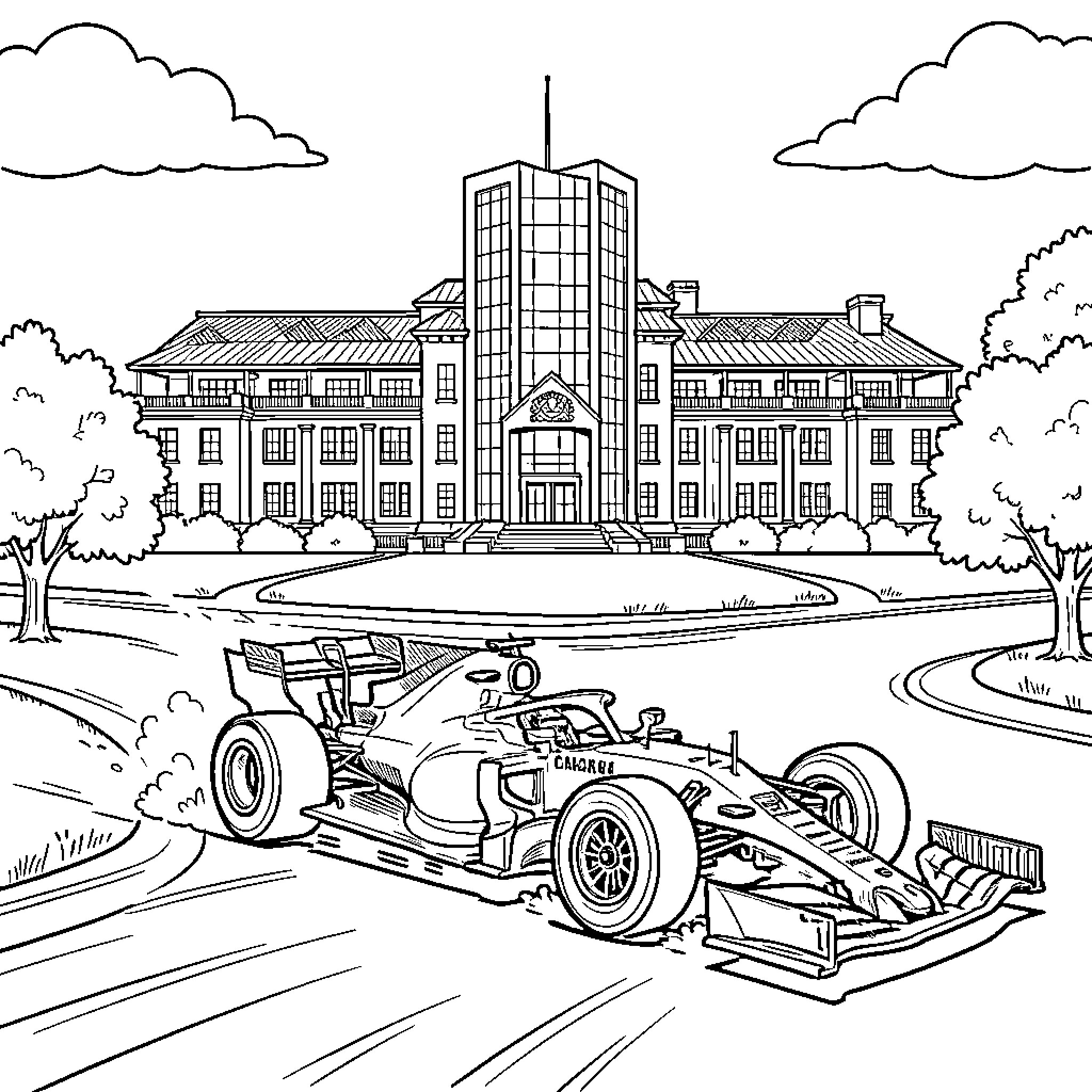 F1 Car racing fast past a large building Coloring Page (free black-and-white line drawing printable PDF for all, from beginners to advanced learners, including children, teens, adults, and seniors)