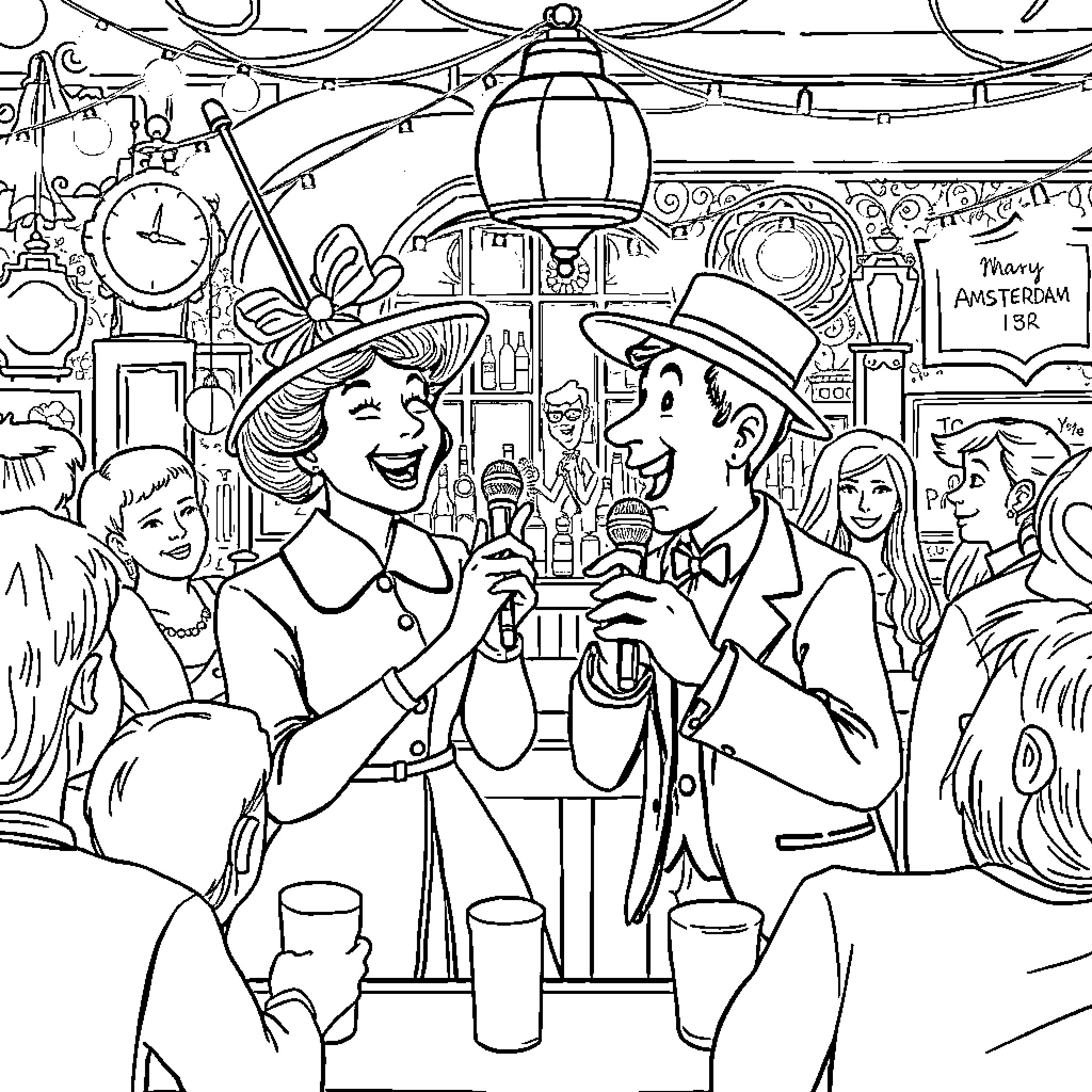 Mary Poppins enjoying a night out with friends in London Coloring Page (free black-and-white line drawing printable PDF for all, from beginners to advanced learners, including children, teens, adults, and seniors)