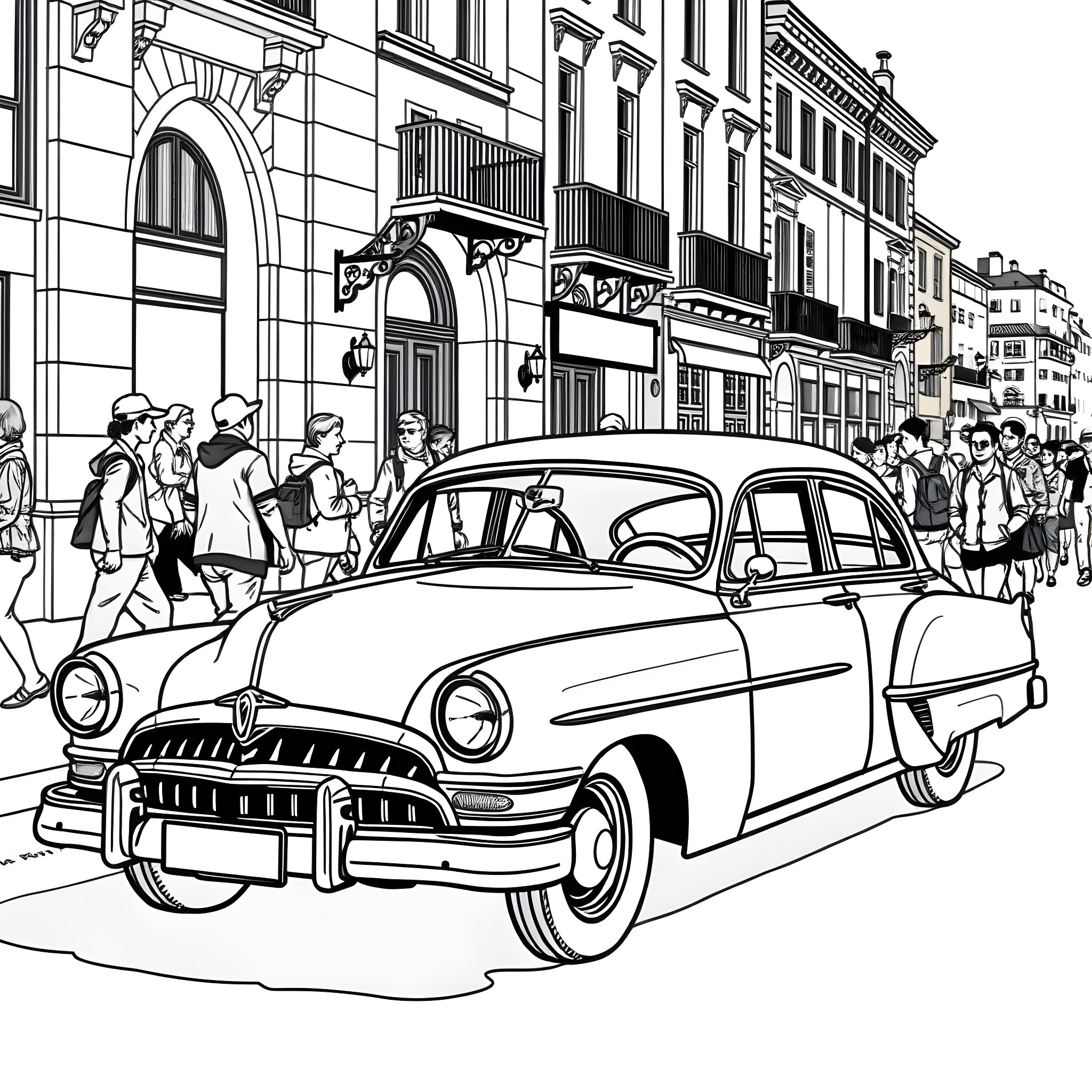 Car in a Bustling City Street Scene Coloring Page (free black-and-white line drawing printable PDF for all, from beginners to advanced learners, including children, teens, adults, and seniors)