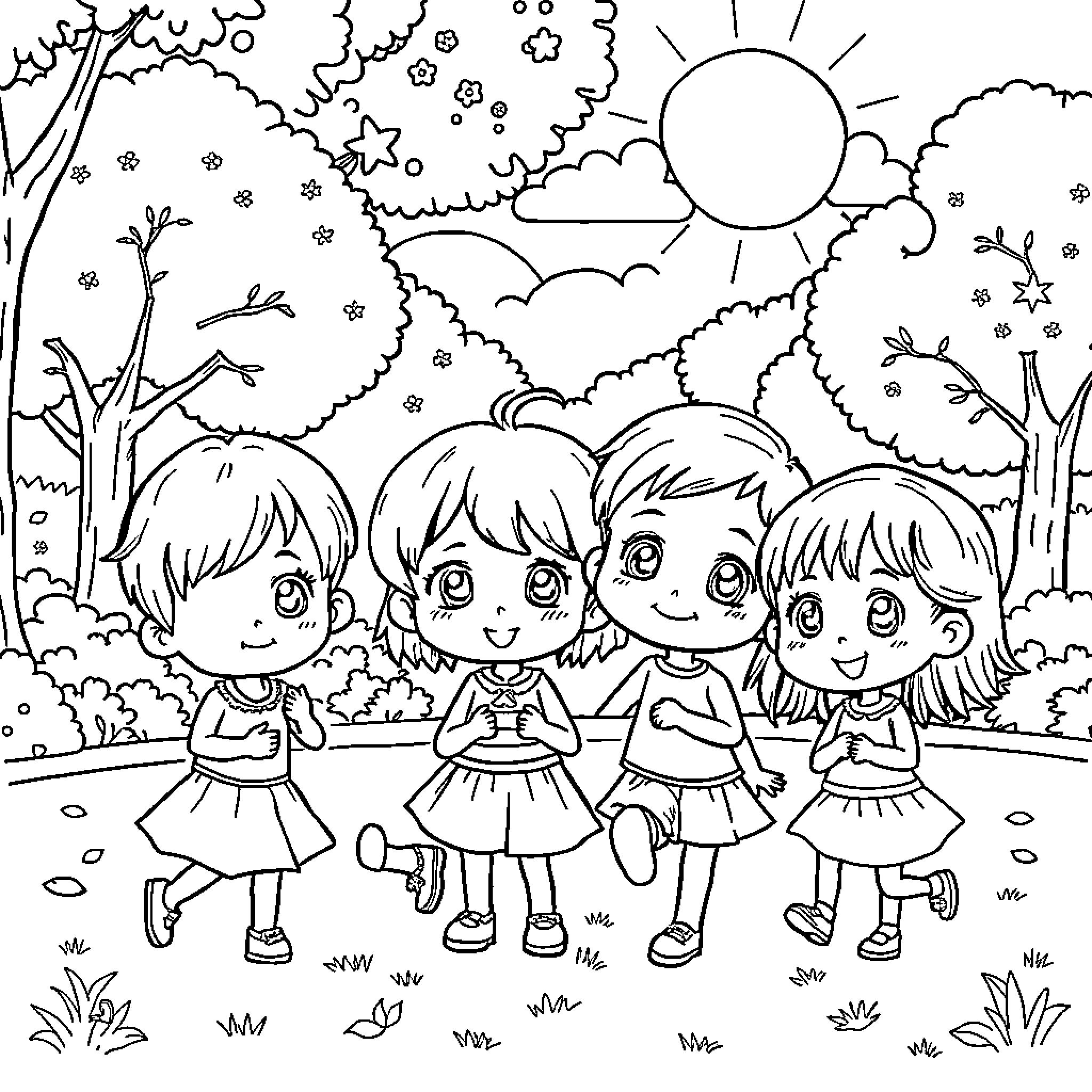 Chibi Children Playing Happily in the Outdoors Coloring Page (free black-and-white line drawing printable PDF for all, from beginners to advanced learners, including children, teens, adults, and seniors)