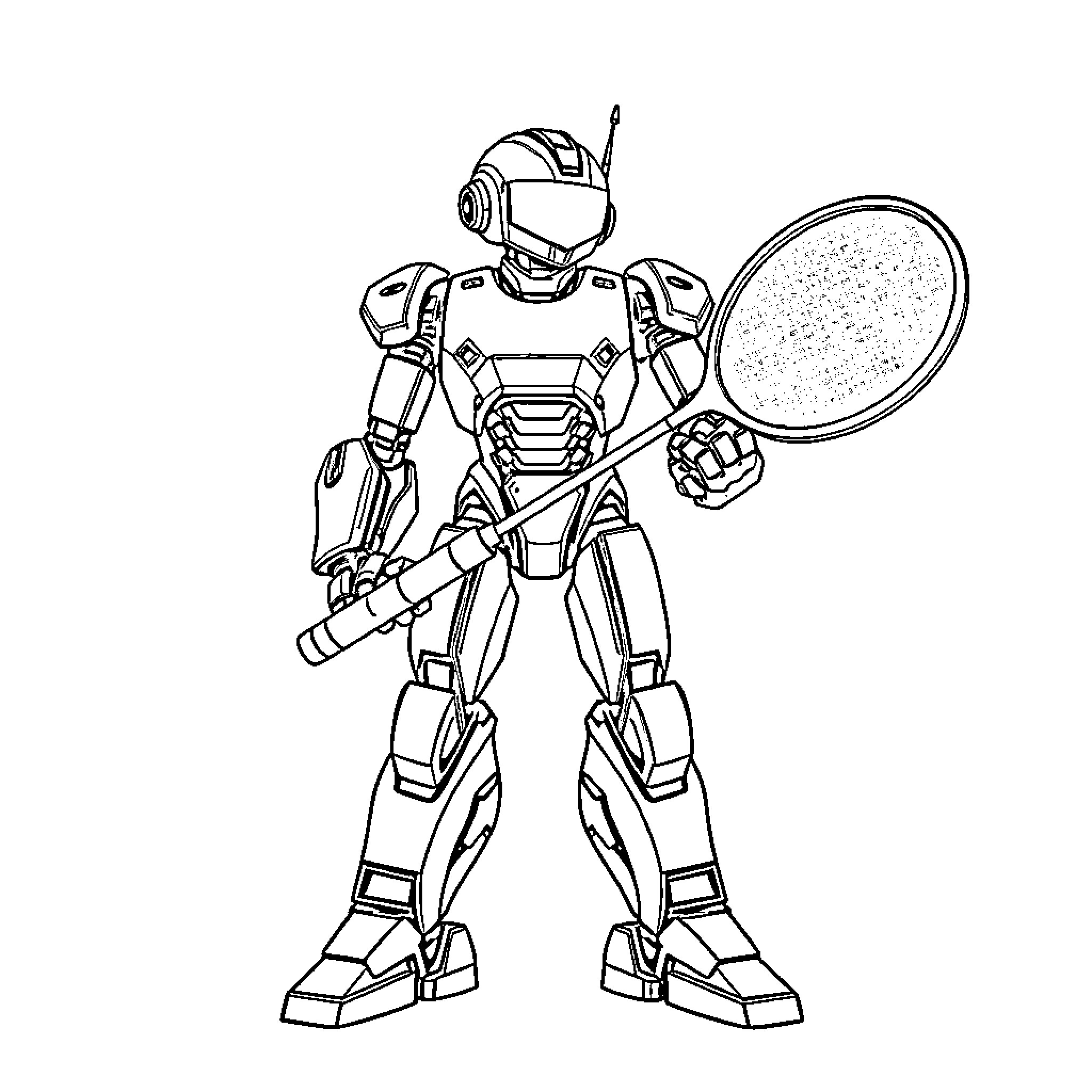 Mechabot Tennis Player Holding Racket Coloring Page (free black-and-white line drawing printable PDF for all, from beginners to advanced learners, including children, teens, adults, and seniors)