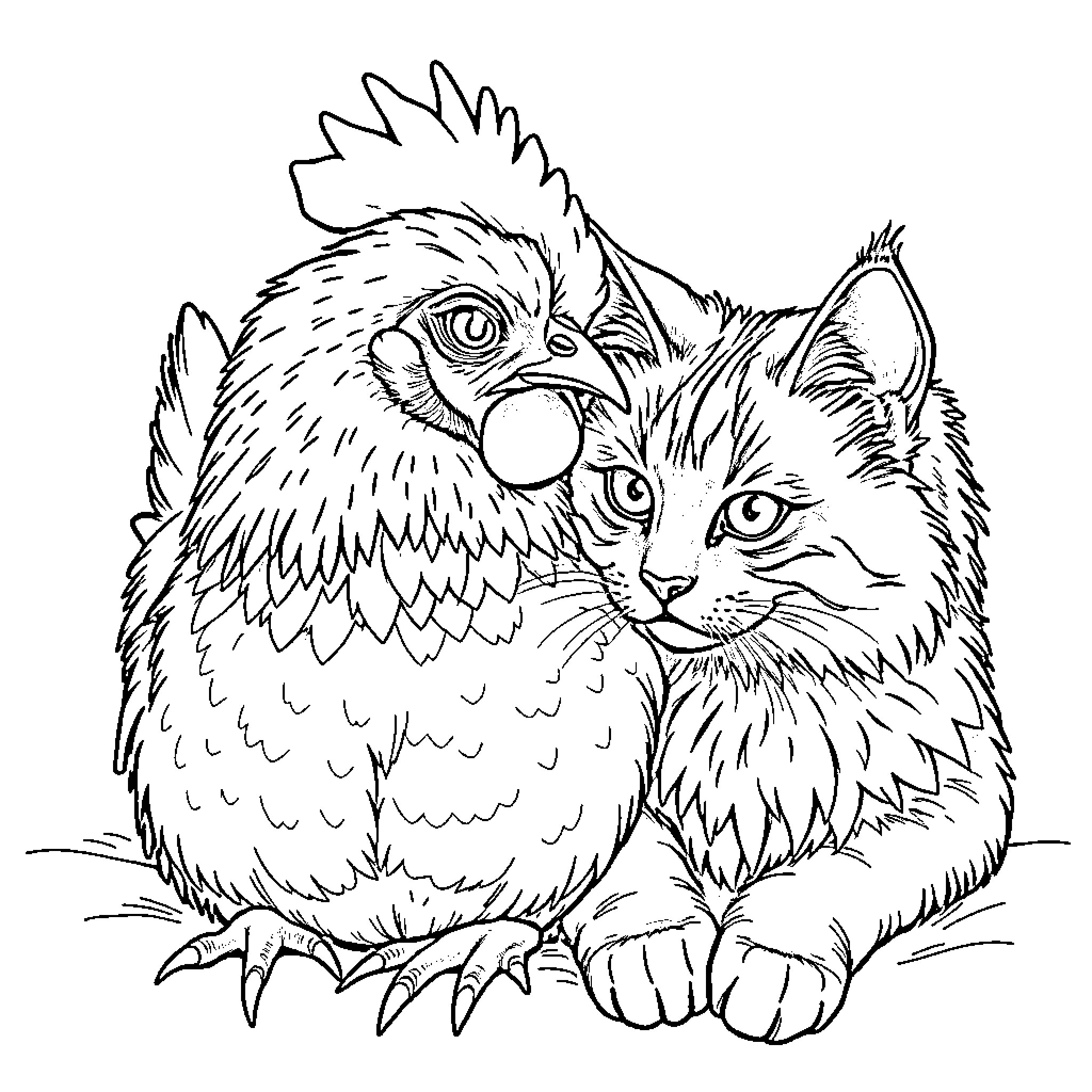 Pekin Bantam chicken and cat resting together Coloring Page (free black-and-white line drawing printable PDF for all, from beginners to advanced learners, including children, teens, adults, and seniors)