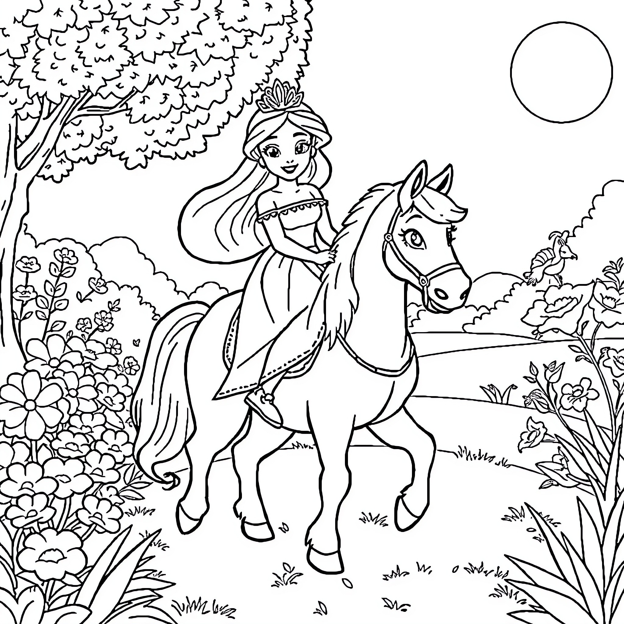 Princess Riding on a Majestic Horse in the Enchanted Forest Coloring Page (free black-and-white line drawing printable PDF for all, from beginners to advanced learners, including children, teens, adults, and seniors)
