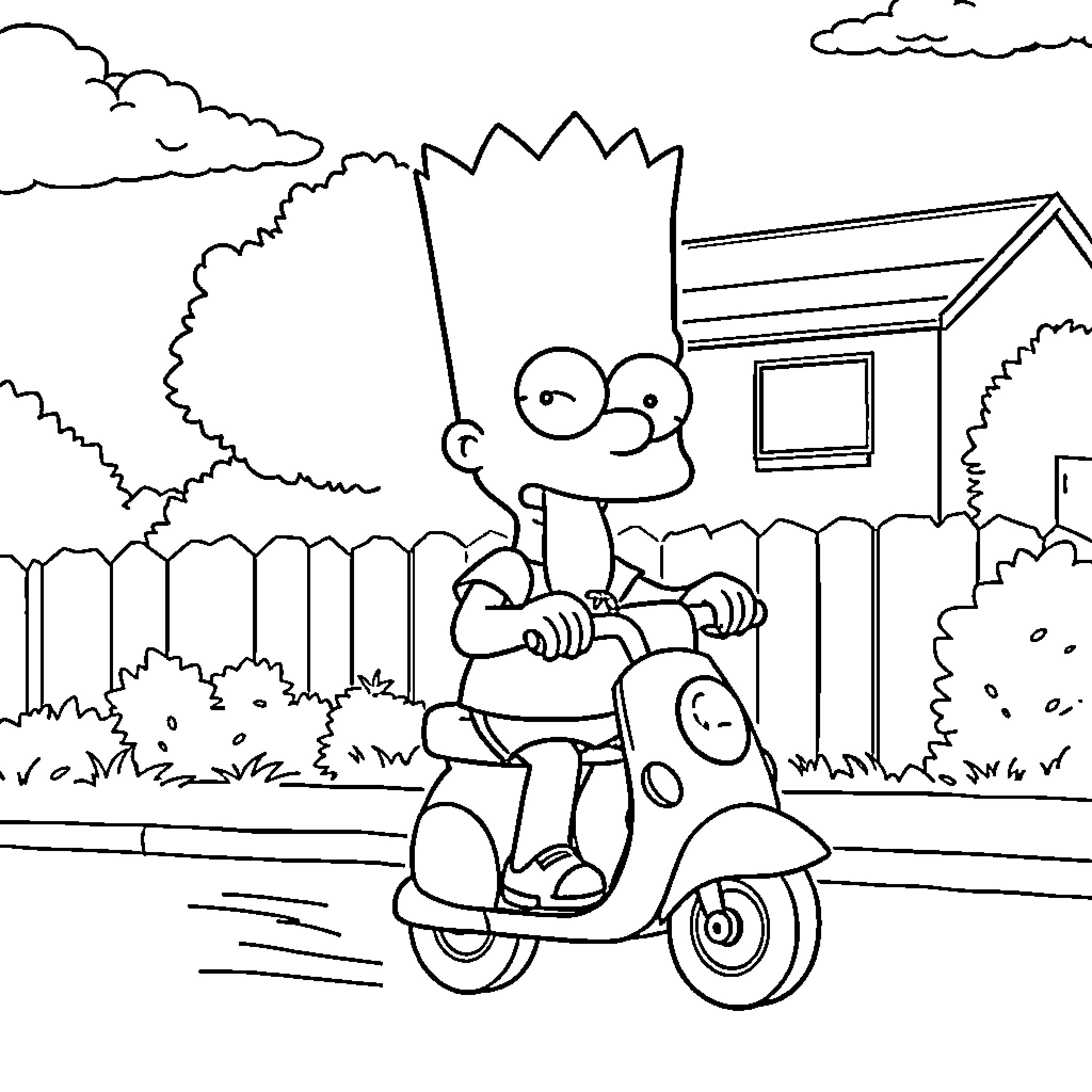 Bart Simpson riding a scooter in a neighborhood Coloring Page (free black-and-white line drawing printable PDF for all, from beginners to advanced learners, including children, teens, adults, and seniors)