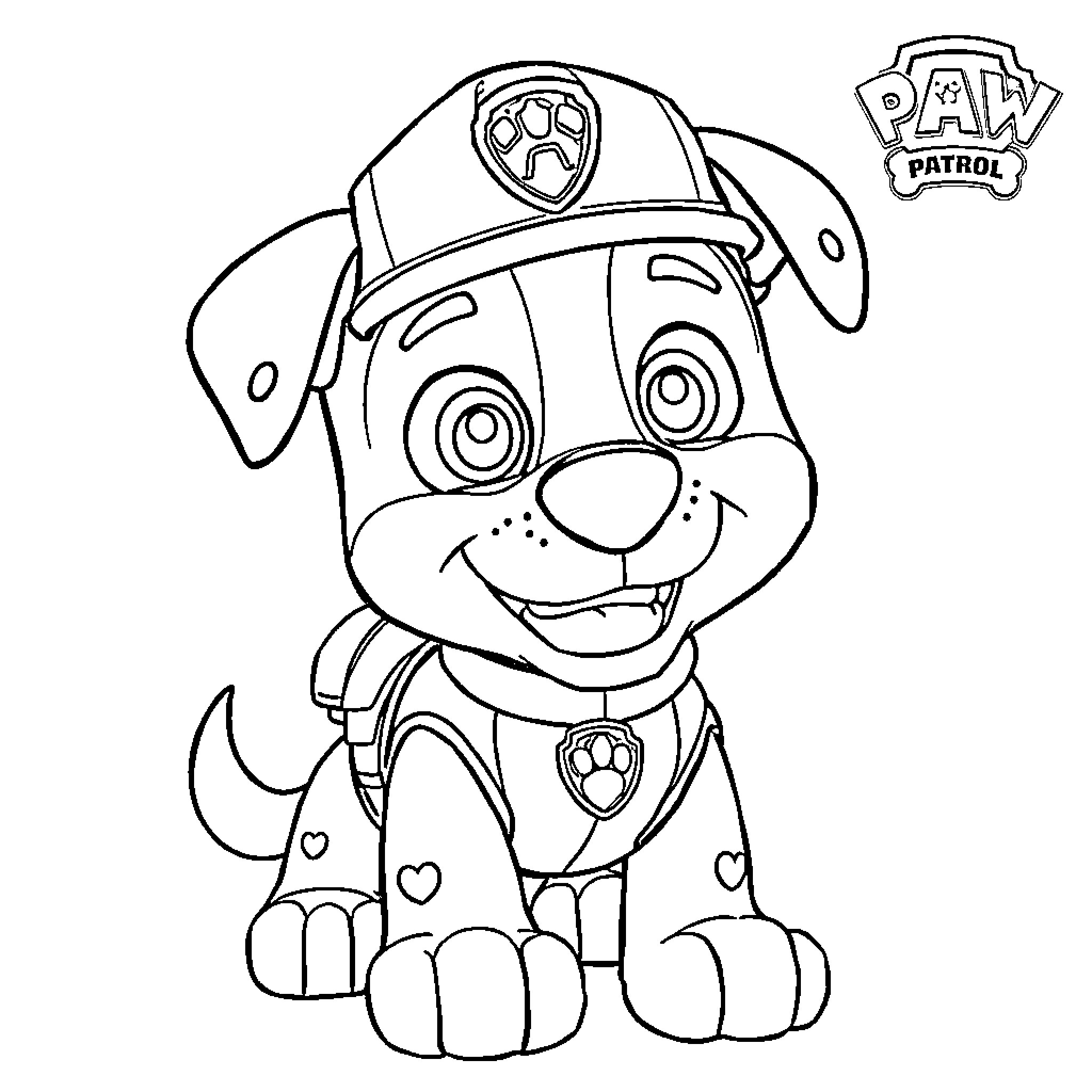 Rumble with the Paw Patrol Pup Coloring Page (free black-and-white line drawing printable PDF for all, from beginners to advanced learners, including children, teens, adults, and seniors)