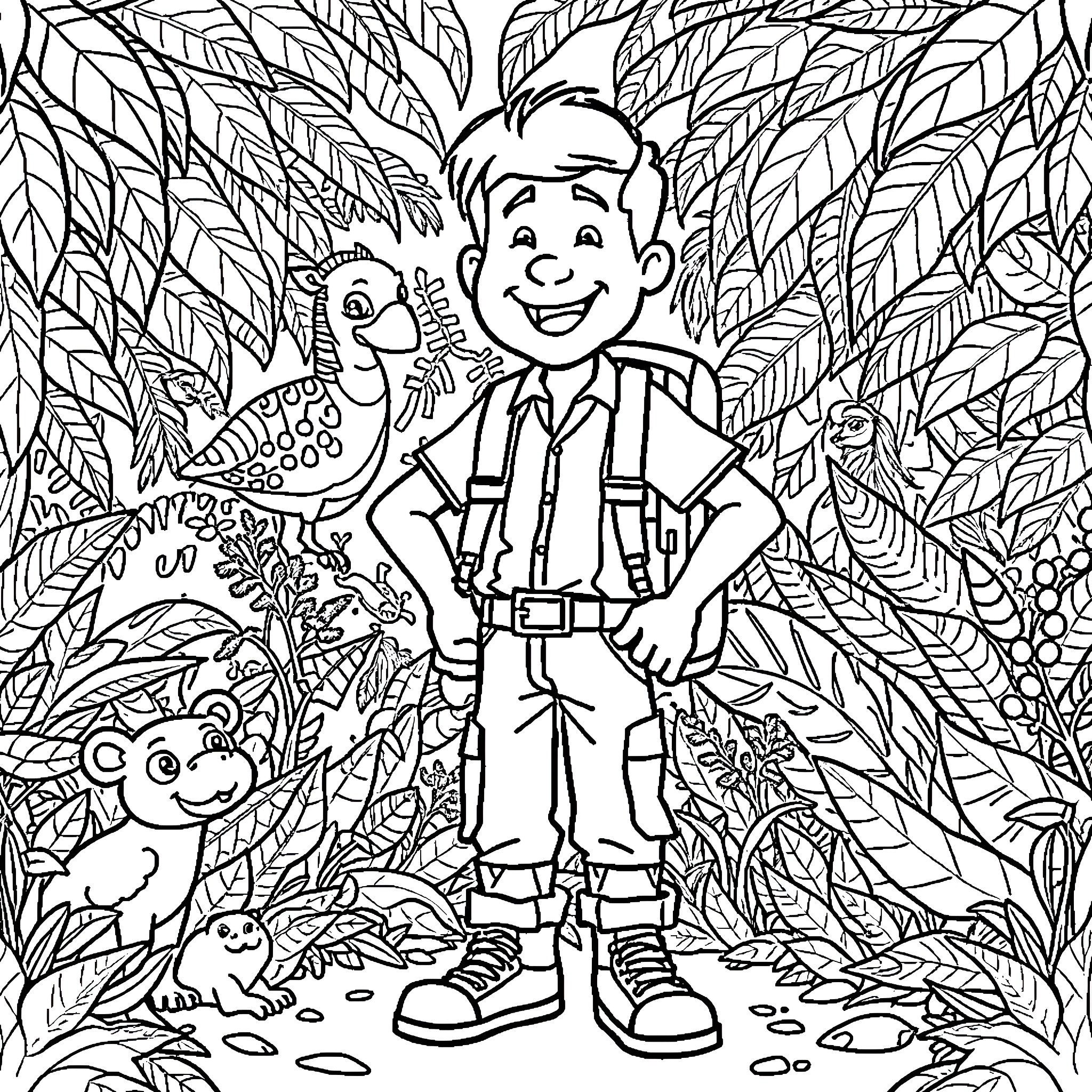 Chris Kratt exploring the vibrant wildlife in the jungle Coloring Page (free black-and-white line drawing printable PDF for all, from beginners to advanced learners, including children, teens, adults, and seniors)