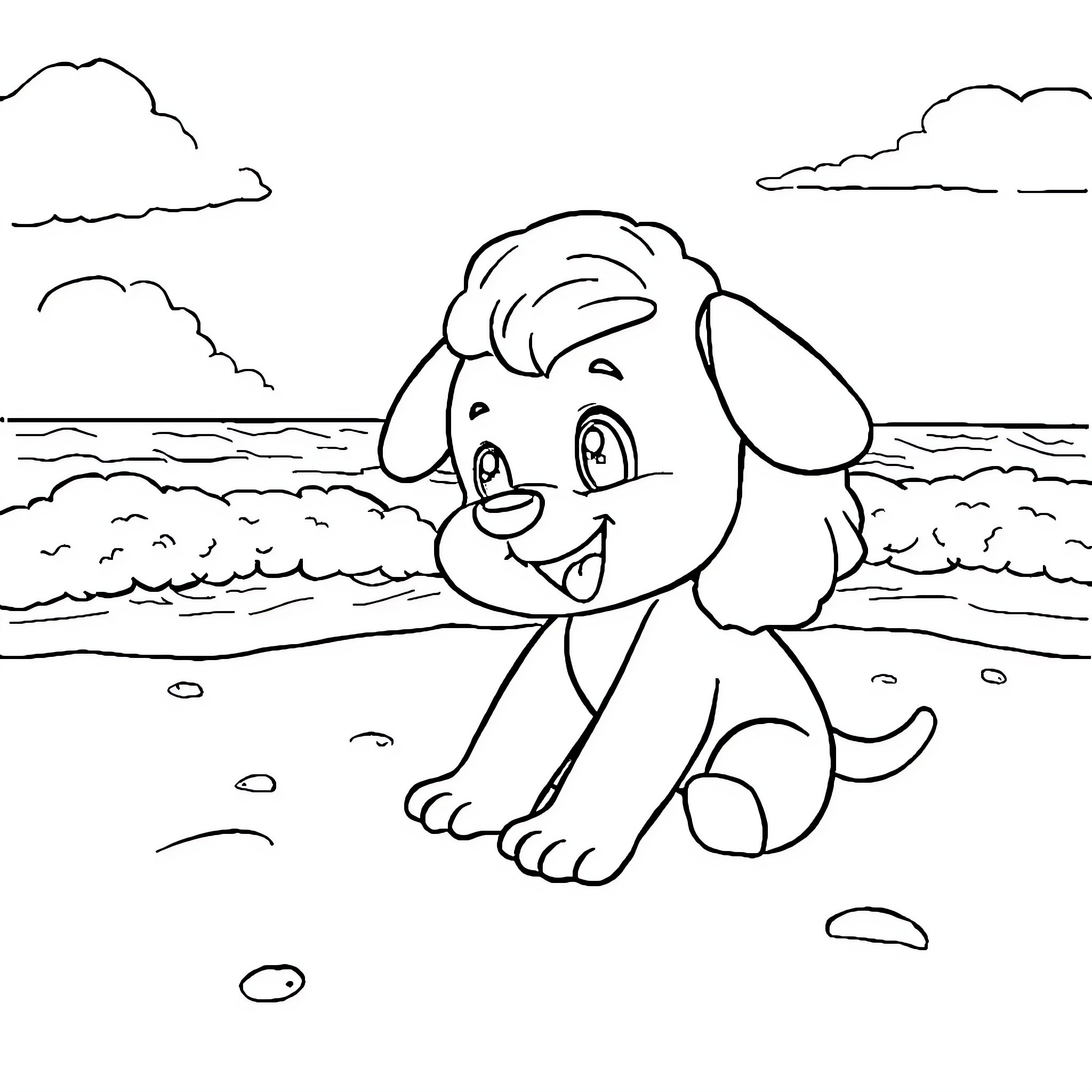 Labubu playing happily on the beach Coloring Page (free black-and-white line drawing printable PDF for all, from beginners to advanced learners, including children, teens, adults, and seniors)