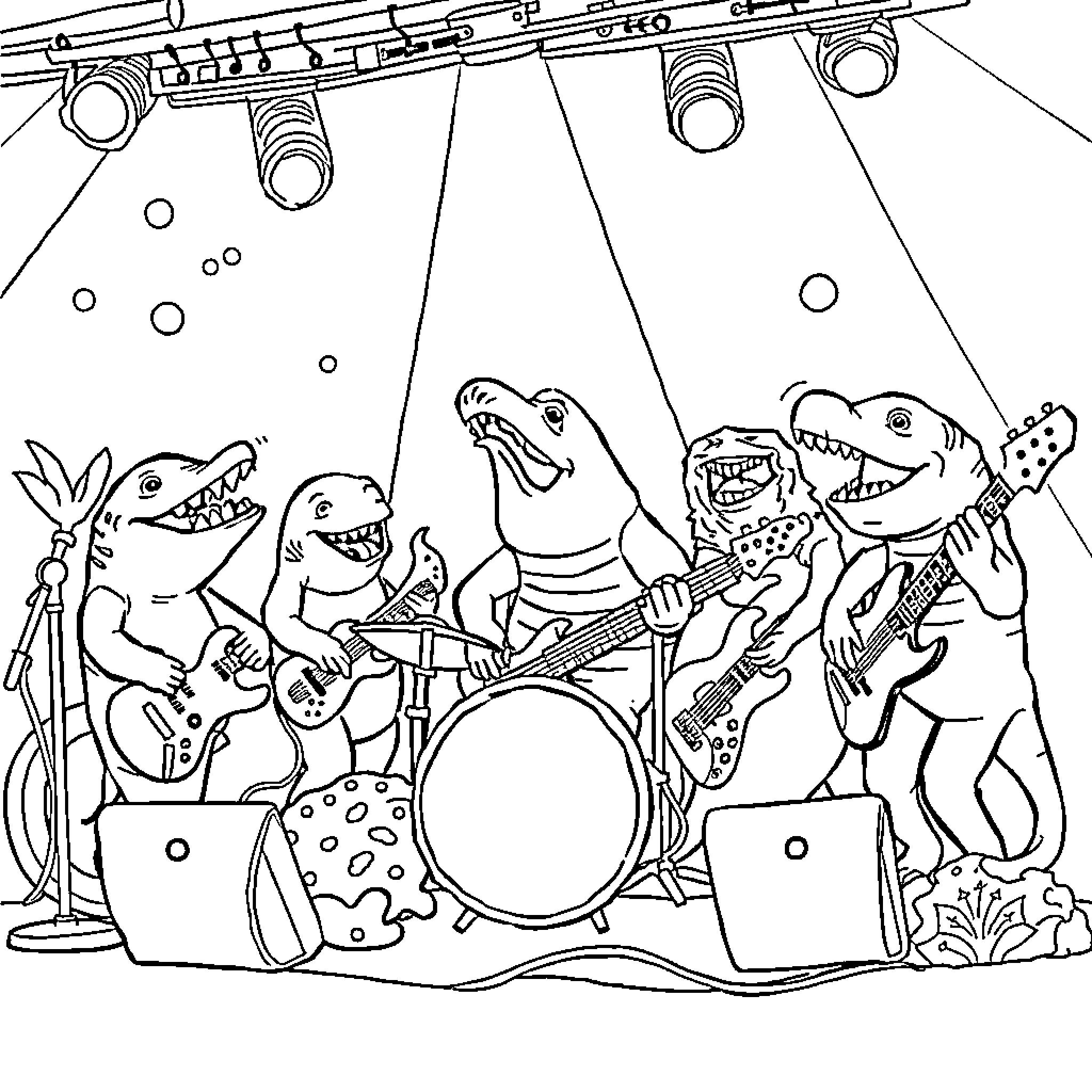 Sea Animals Performing on Stage Coloring Page (free black-and-white line drawing printable PDF for all, from beginners to advanced learners, including children, teens, adults, and seniors)