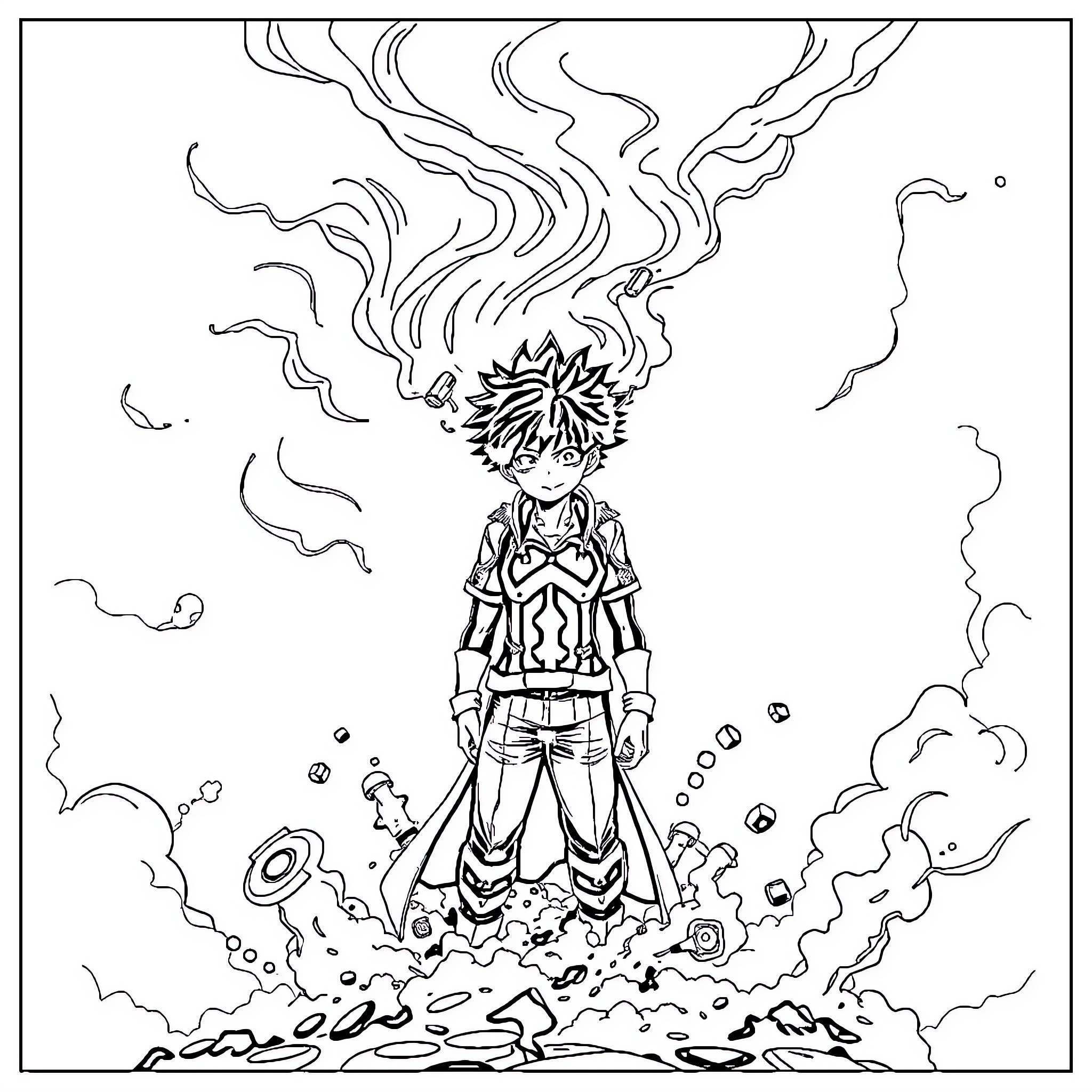 My Hero Academia: Explosive Unleashing of Quirk Powers Coloring Page (free black-and-white line drawing printable PDF for all, from beginners to advanced learners, including children, teens, adults, and seniors)
